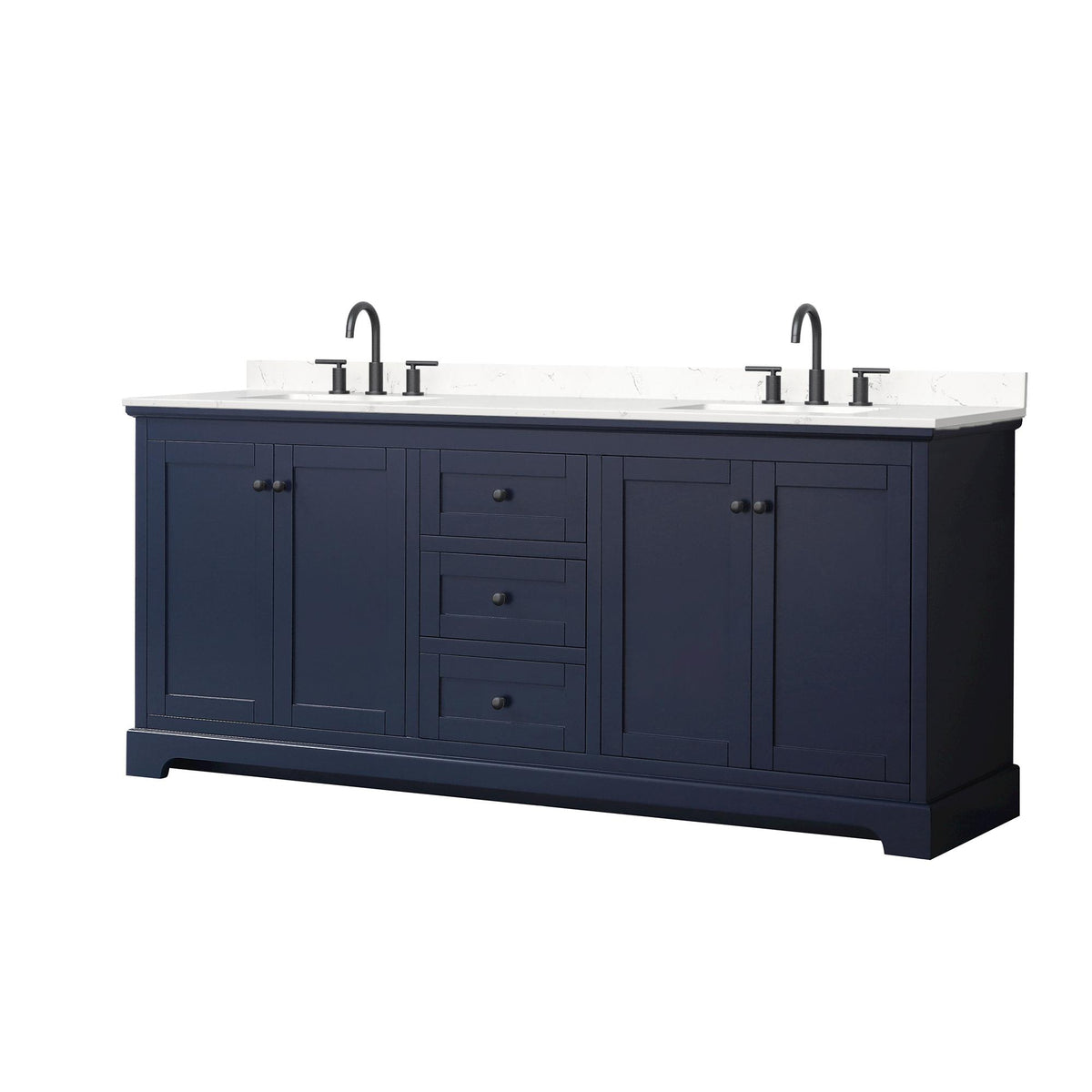 Wyndham Collection Avery 80" Double Bathroom Vanity in Dark Blue, Carrara Cultured Marble Countertop, Undermount Square Sinks (3-Hole), Matte Black Trim