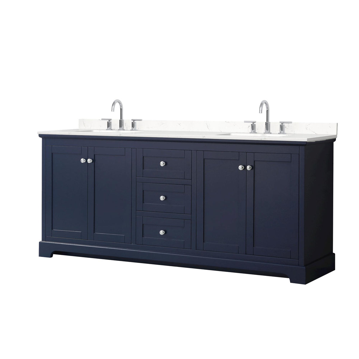 Wyndham Collection Avery 80" Double Bathroom Vanity in Dark Blue, Carrara Cultured Marble Countertop, Undermount Square Sinks (3-Hole), Polished Chrome Trim