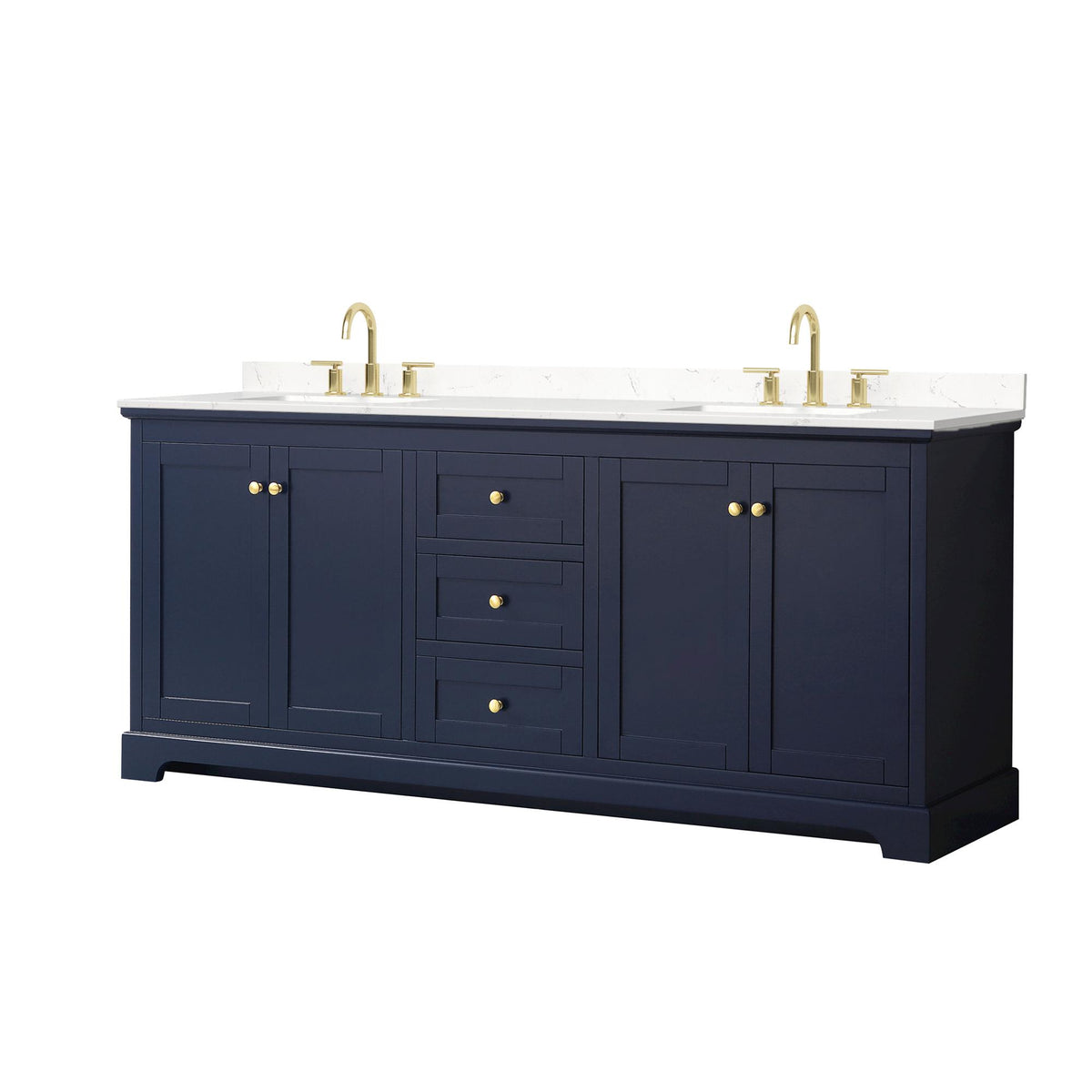 Wyndham Collection Avery 80" Double Bathroom Vanity in Dark Blue, Carrara Cultured Marble Countertop, Undermount Square Sinks (3-Hole), Brushed Gold Trim