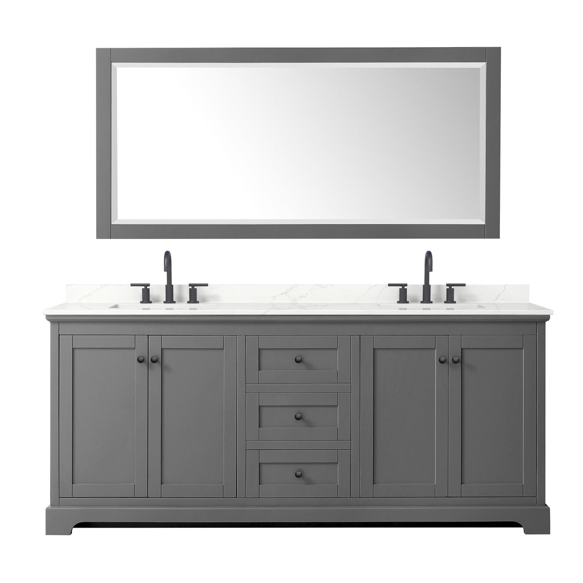 Wyndham Collection Avery 80" Double Bathroom Vanity in Dark Gray, Giotto Quartz Countertop, Undermount Square Sinks (3-Hole), Matte Black Trim and 70" Mirror