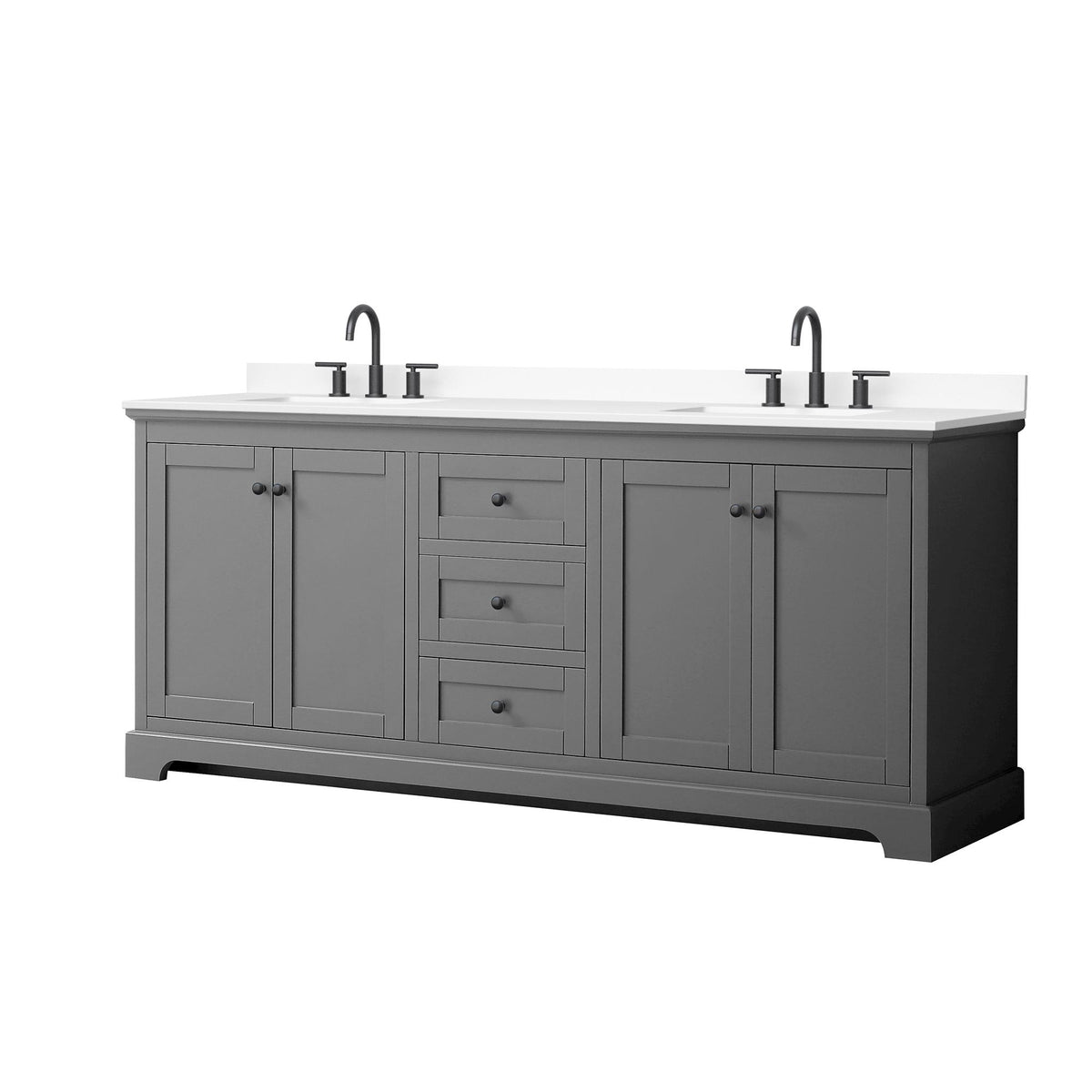 Wyndham Collection Avery 80" Double Bathroom Vanity in Dark Gray, White Cultured Marble Countertop, Undermount Square Sinks (3-Hole), Matte Black Trim