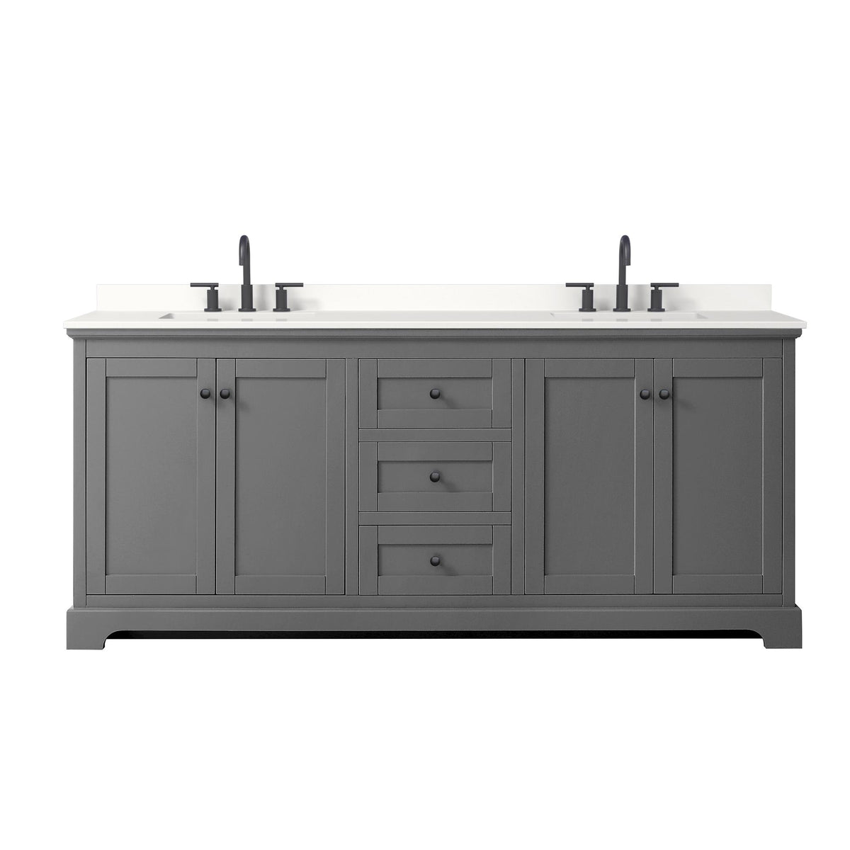 Wyndham Collection Avery 80" Double Bathroom Vanity in Dark Gray, White Quartz Countertop, Undermount Square Sinks (3-Hole), Matte Black Trim