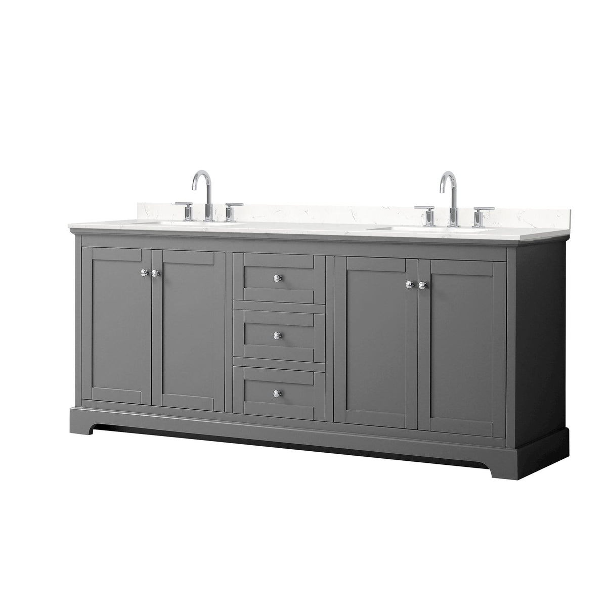 Wyndham Collection Avery 80" Double Bathroom Vanity in Dark Gray, Carrara Cultured Marble Countertop, Undermount Square Sinks (3-Hole), Polished Chrome Trim