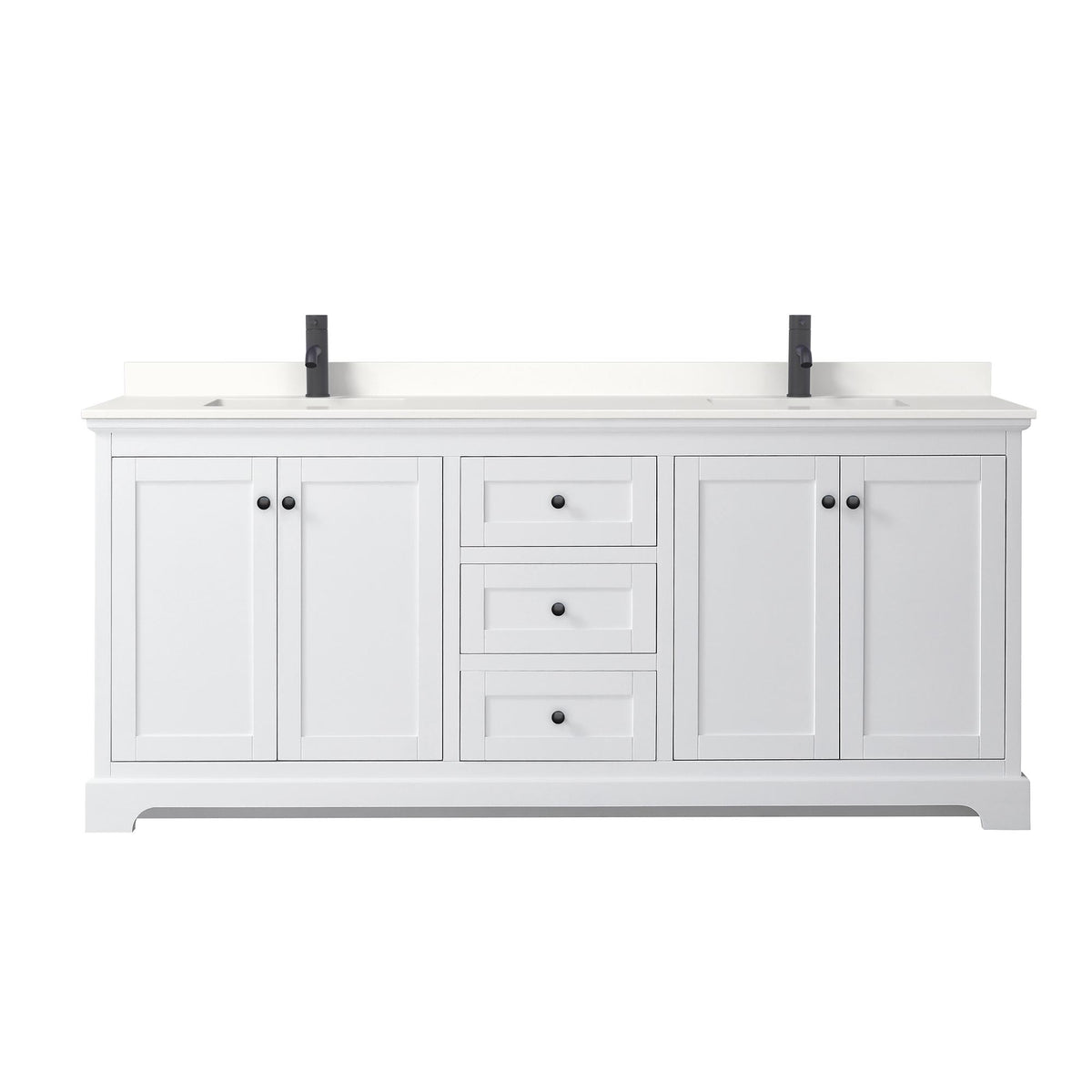 Wyndham Collection Avery 80" Double Bathroom Vanity in White, White Quartz Countertop, Undermount Square Sinks (1-Hole), Matte Black Trim