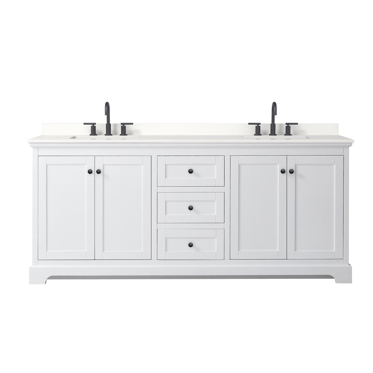 Wyndham Collection Avery 80" Double Bathroom Vanity in White, White Quartz Countertop, Undermount Square Sinks (3-Hole), Matte Black Trim