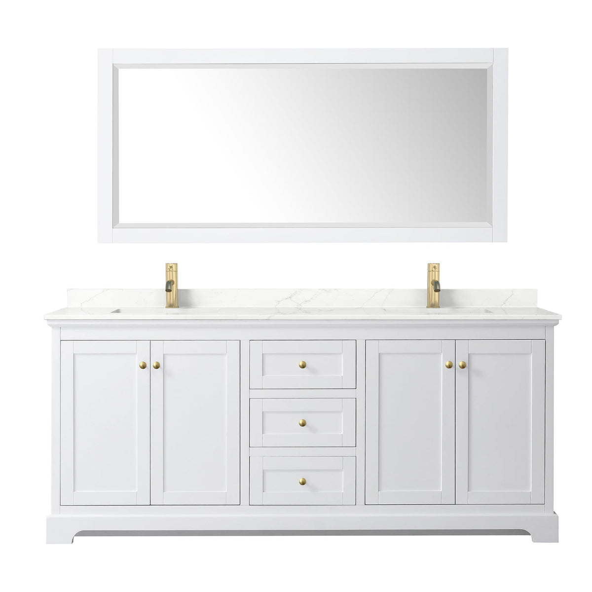 Wyndham Collection Avery 80" Double Bathroom Vanity in White, Giotto Quartz Countertop, Undermount Square Sinks (1-Hole), Brushed Gold Trim and 70" Mirror