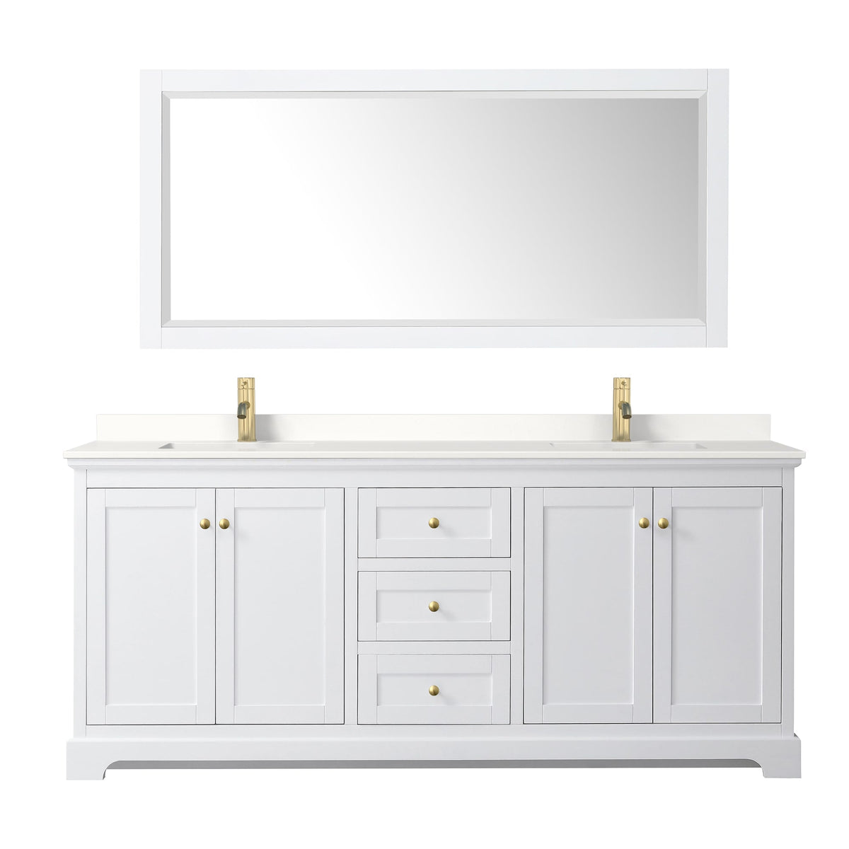 Wyndham Collection Avery 80" Double Bathroom Vanity in White, White Quartz Countertop, Undermount Square Sinks (1-Hole), Brushed Gold Trim and 70" Mirror