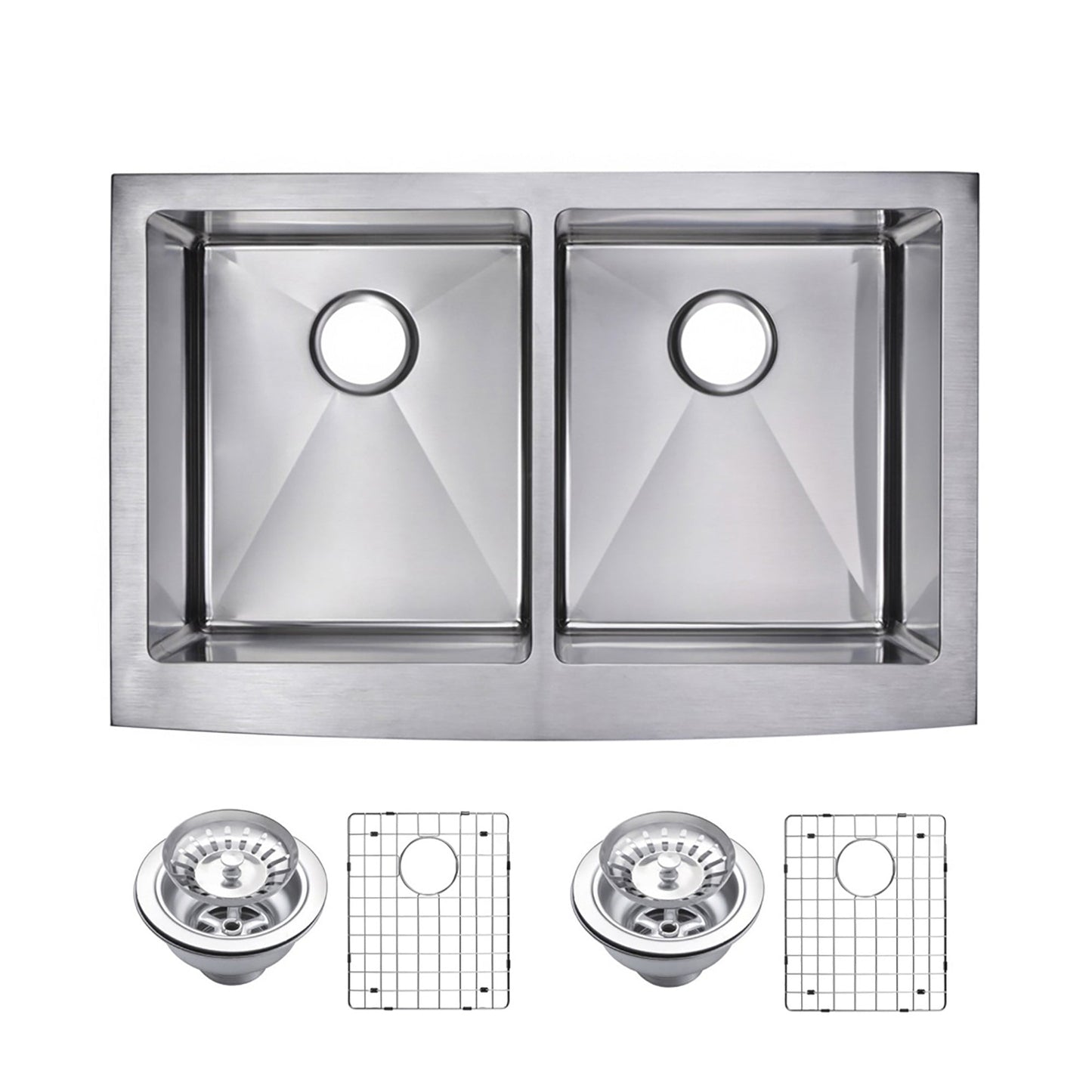 Water Creation Corner Radius 60/40 Double Bowl Stainless Steel Hand Made Apron Front 36 Inch X 22 Inch Sink With Drains And Strainers