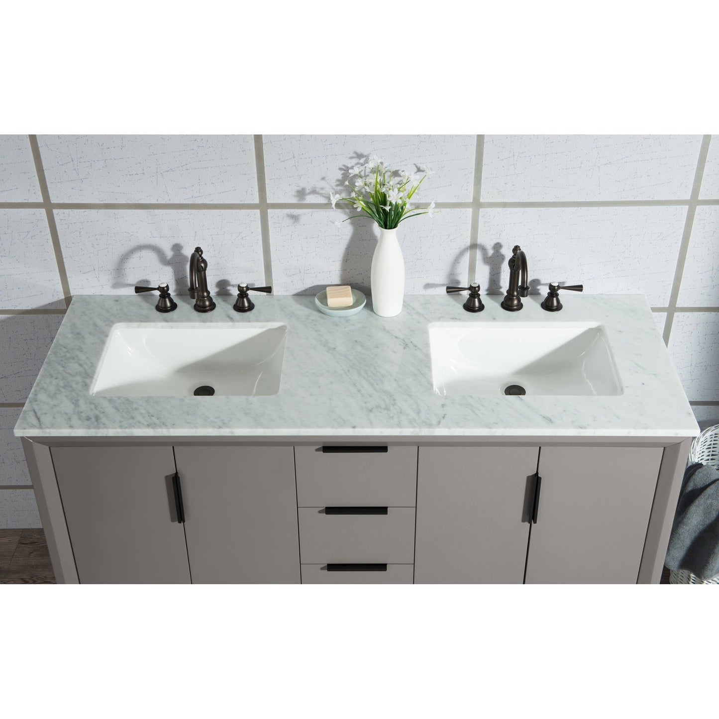 Water Creation Elizabeth 60" Double Sink Carrara White Marble Vanity In Cashmere Grey With Matching Mirror and F2-0012-03-TL Lavatory Faucet