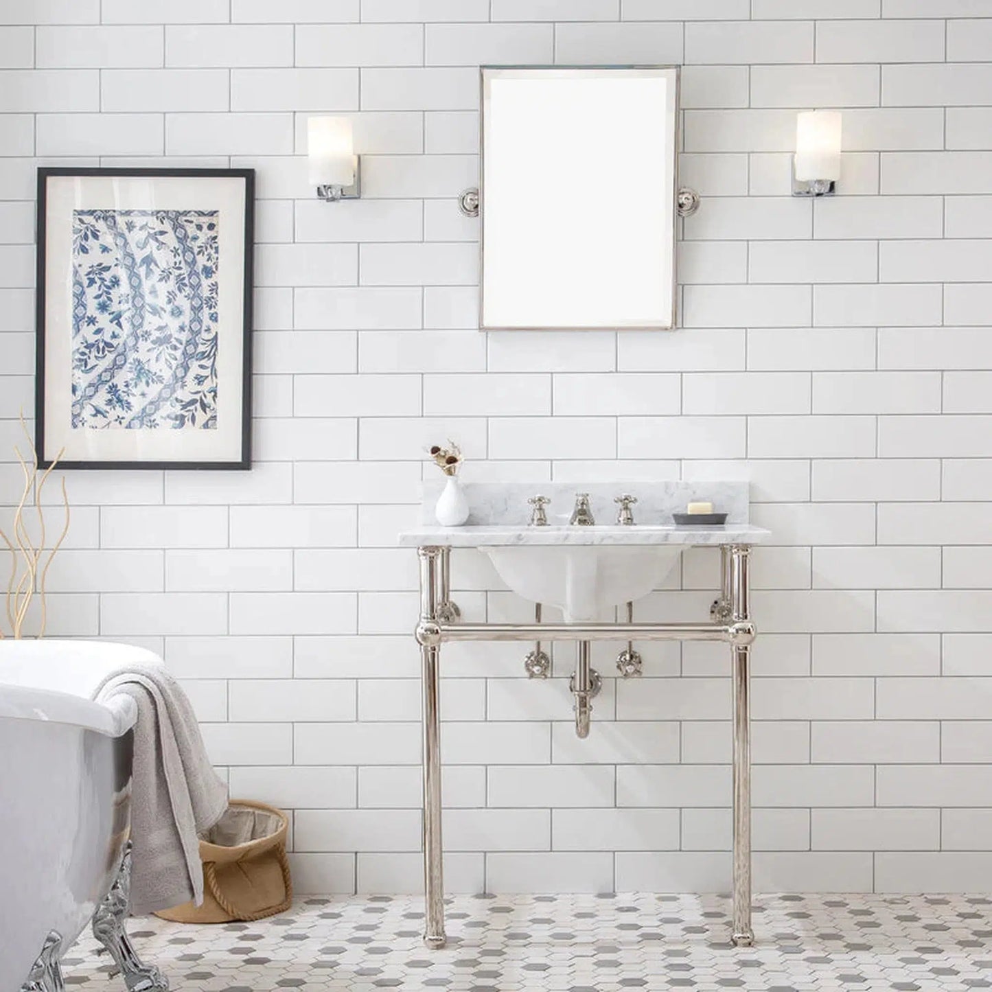 Water Creation Embassy 30" Polished Nickel Single Wash Stand White Carrara Marble Top With Faucet