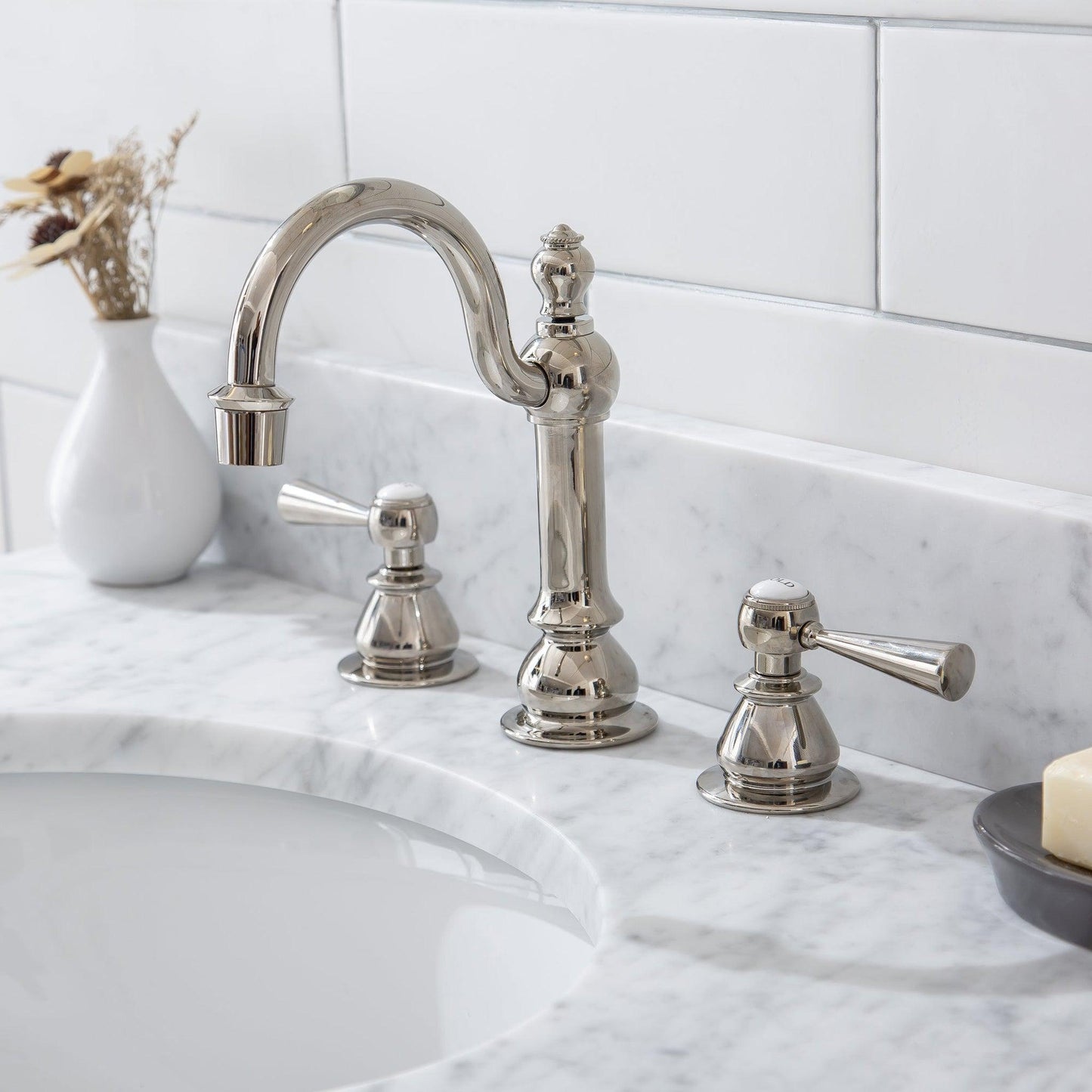 Water Creation Empire 30" Wide Single Wash Stand, P-Trap, Counter Top with Basin, F2-0012 Faucet and Mirror included in Polished Nickel (PVD) Finish