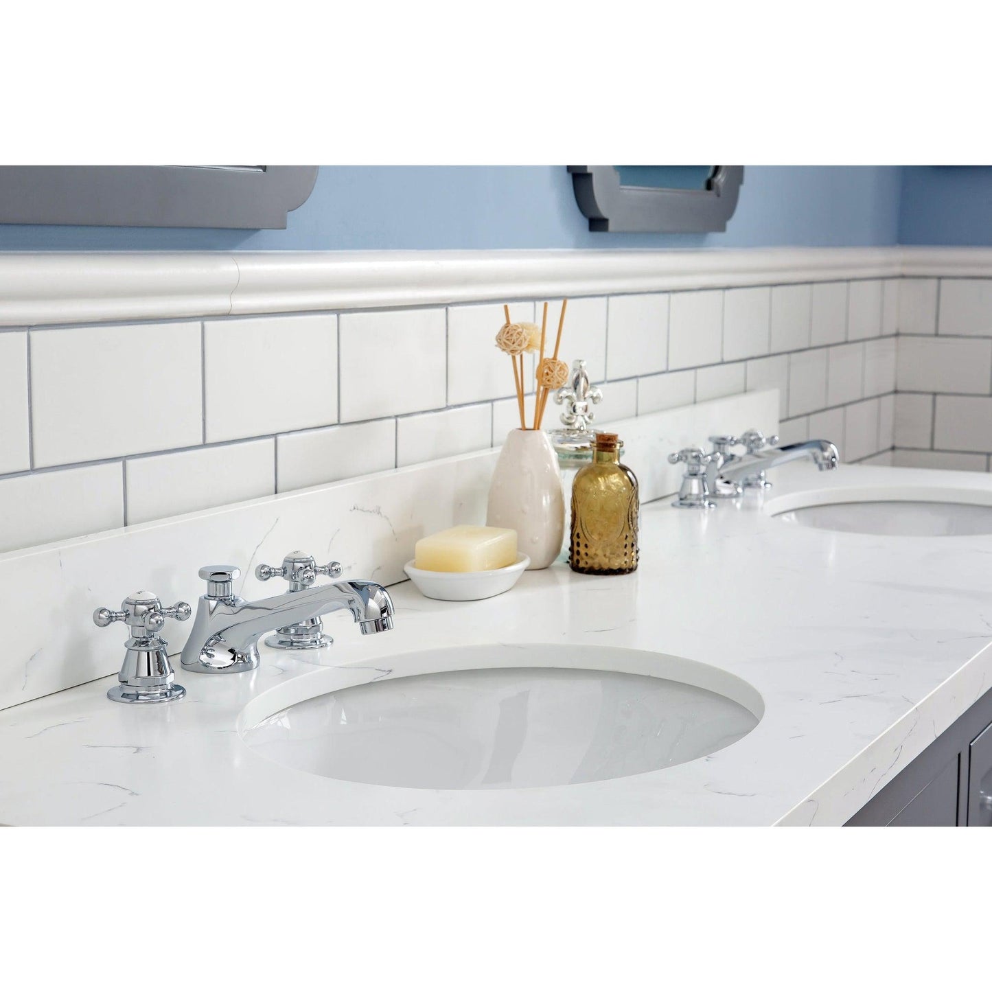 Water Creation Queen 72" Double Sink Quartz Carrara Vanity In Cashmere Grey With F2-0009-01-BX Lavatory Faucet(s)