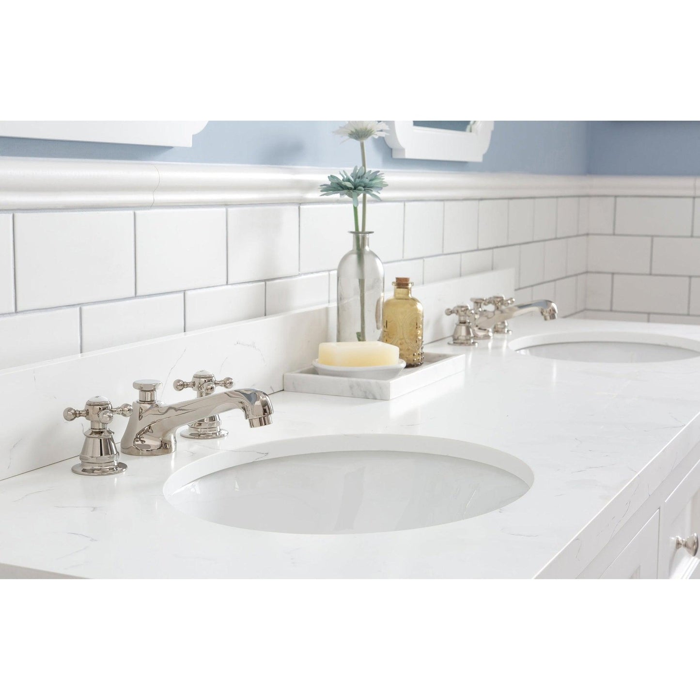 Water Creation Queen 72" Double Sink Quartz Carrara Vanity In Pure White With F2-0009-05-BX Lavatory Faucet(s)