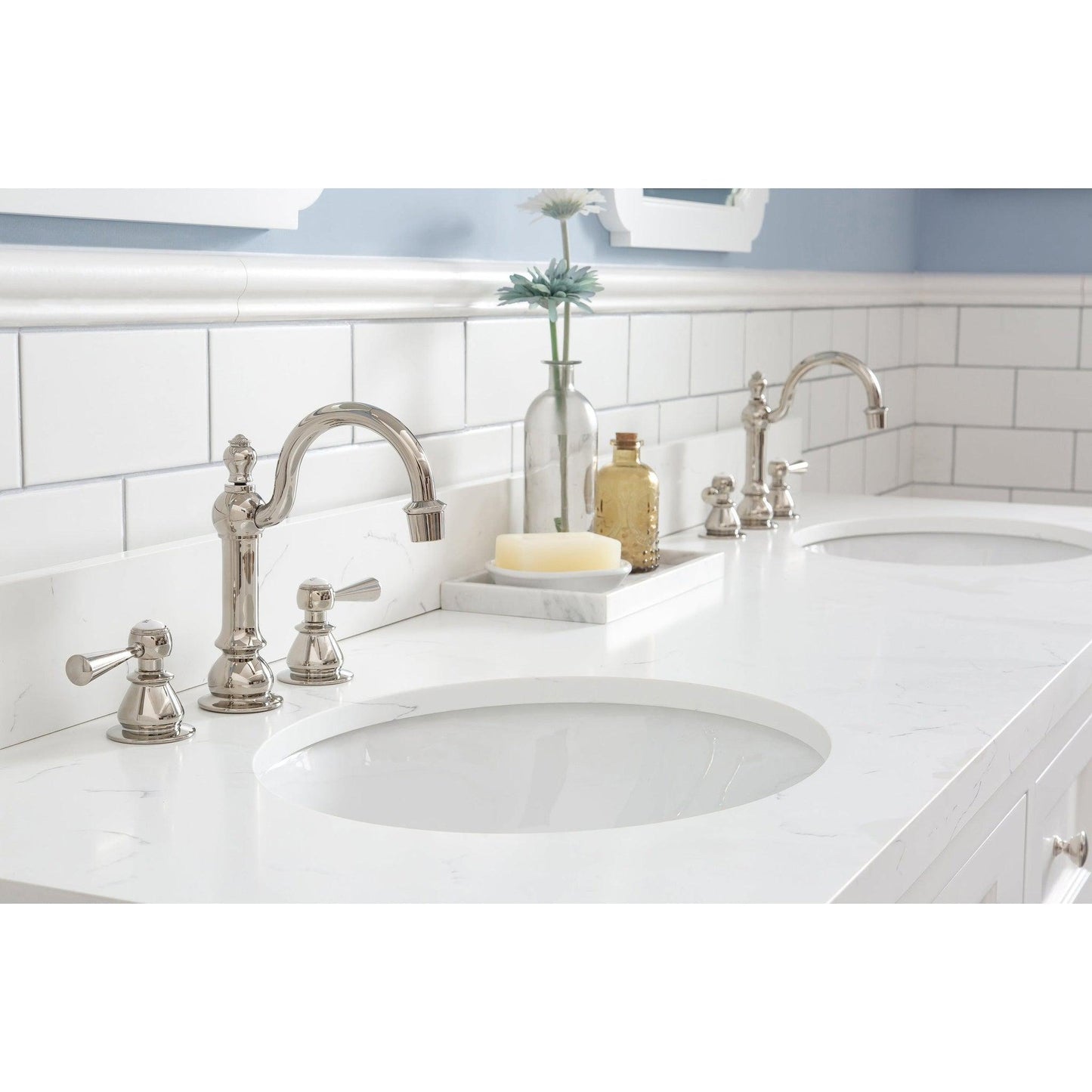Water Creation Queen 72" Double Sink Quartz Carrara Vanity In Pure White With Matching Mirror(s) and F2-0012-05-TL Lavatory Faucet(s)