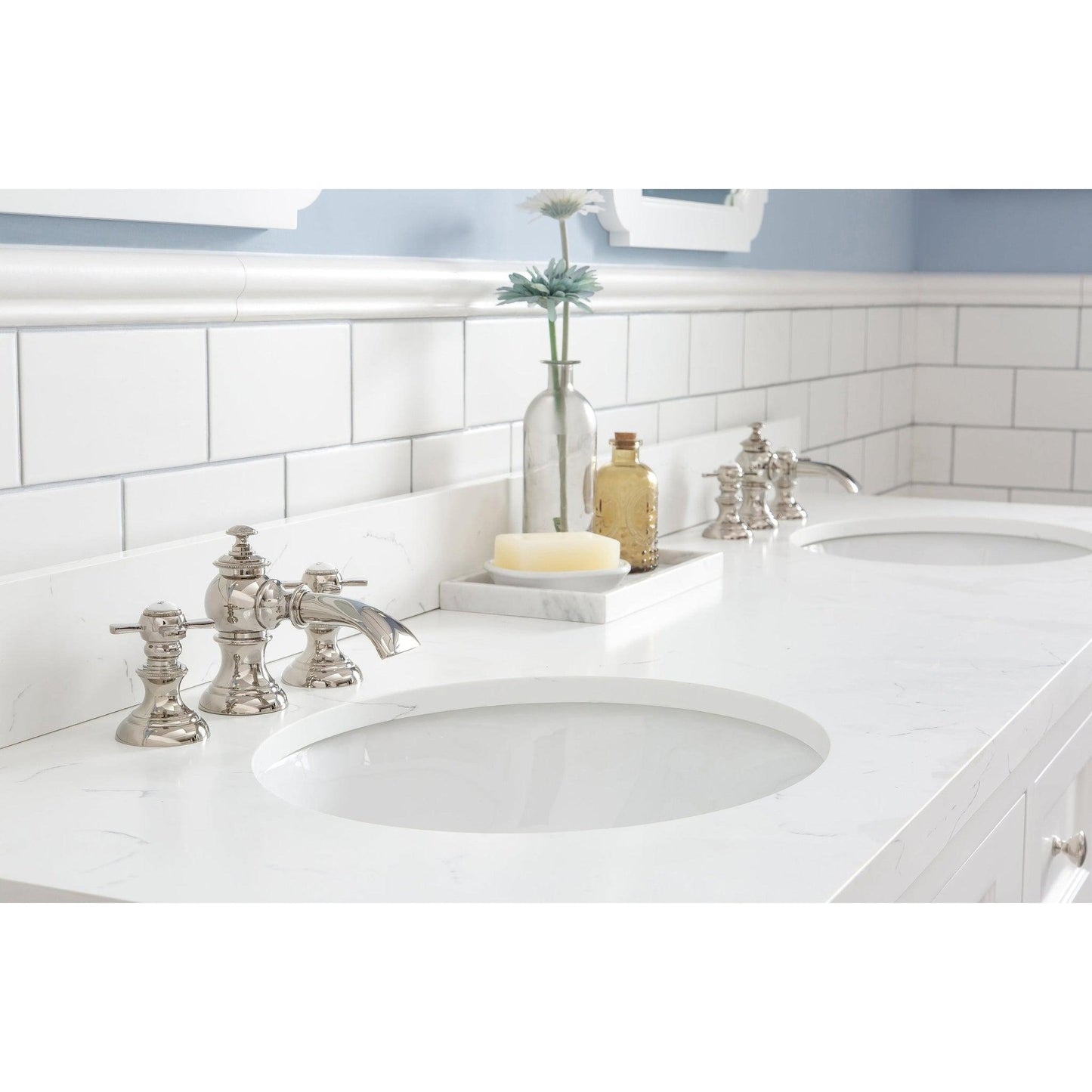 Water Creation Queen 72" Double Sink Quartz Carrara Vanity In Pure White With Matching Mirror(s) and F2-0013-05-FX Lavatory Faucet(s)