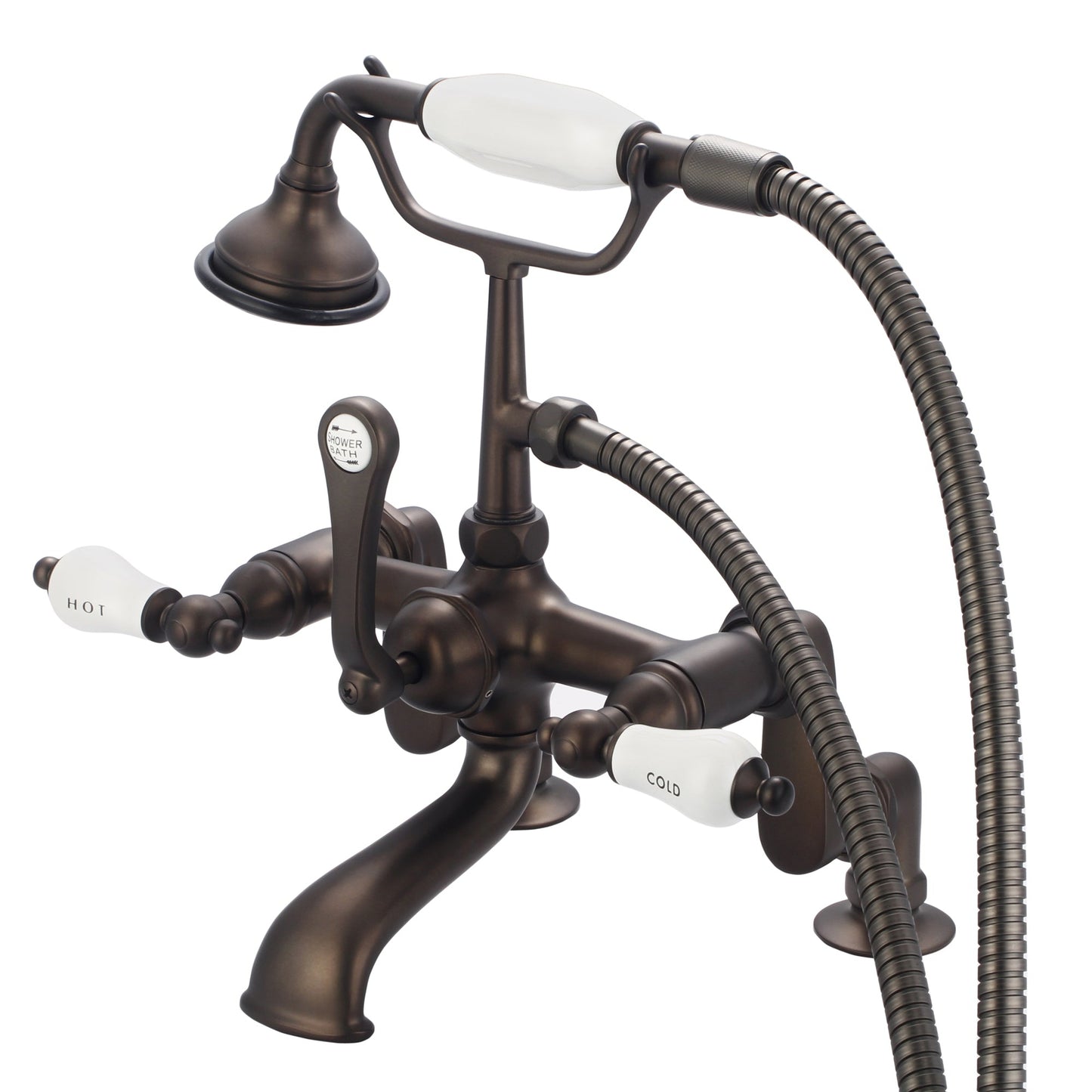 Water Creation Vintage Classic Adjustable Center Deck Mount Tub F6-0008 7" Brown Solid Brass Faucet With Handheld Shower And Porcelain Lever Handles, Hot And Cold Labels Included