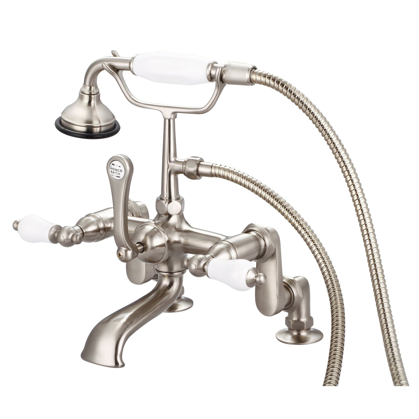 Water Creation Vintage Classic Adjustable Center Deck Mount Tub F6-0008 7" Grey Solid Brass Faucet With Handheld Shower And Porcelain Lever Handles Without Labels