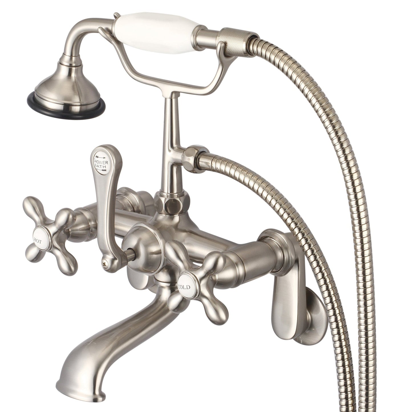 Water Creation Vintage Classic Adjustable Center Deck Mount Tub F6-0009 7" Grey Solid Brass Faucet With Swivel Wall Connector And Handheld Shower And Metal Lever Handles, Hot And Cold Labels Included