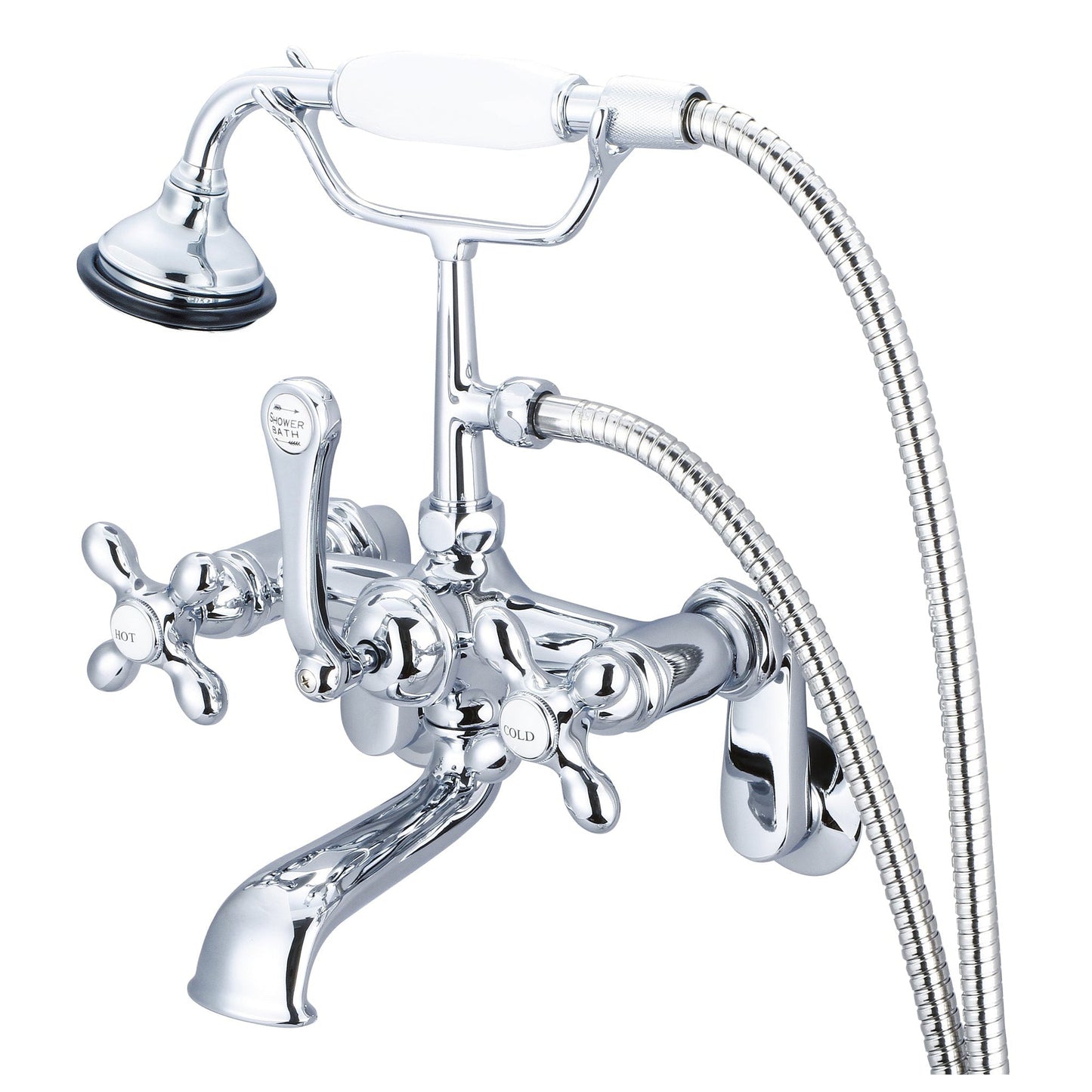 Water Creation Vintage Classic Adjustable Center Deck Mount Tub F6-0009 7" Silver Solid Brass Faucet With Swivel Wall Connector And Handheld Shower And Metal Lever Handles, Hot And Cold Labels Included