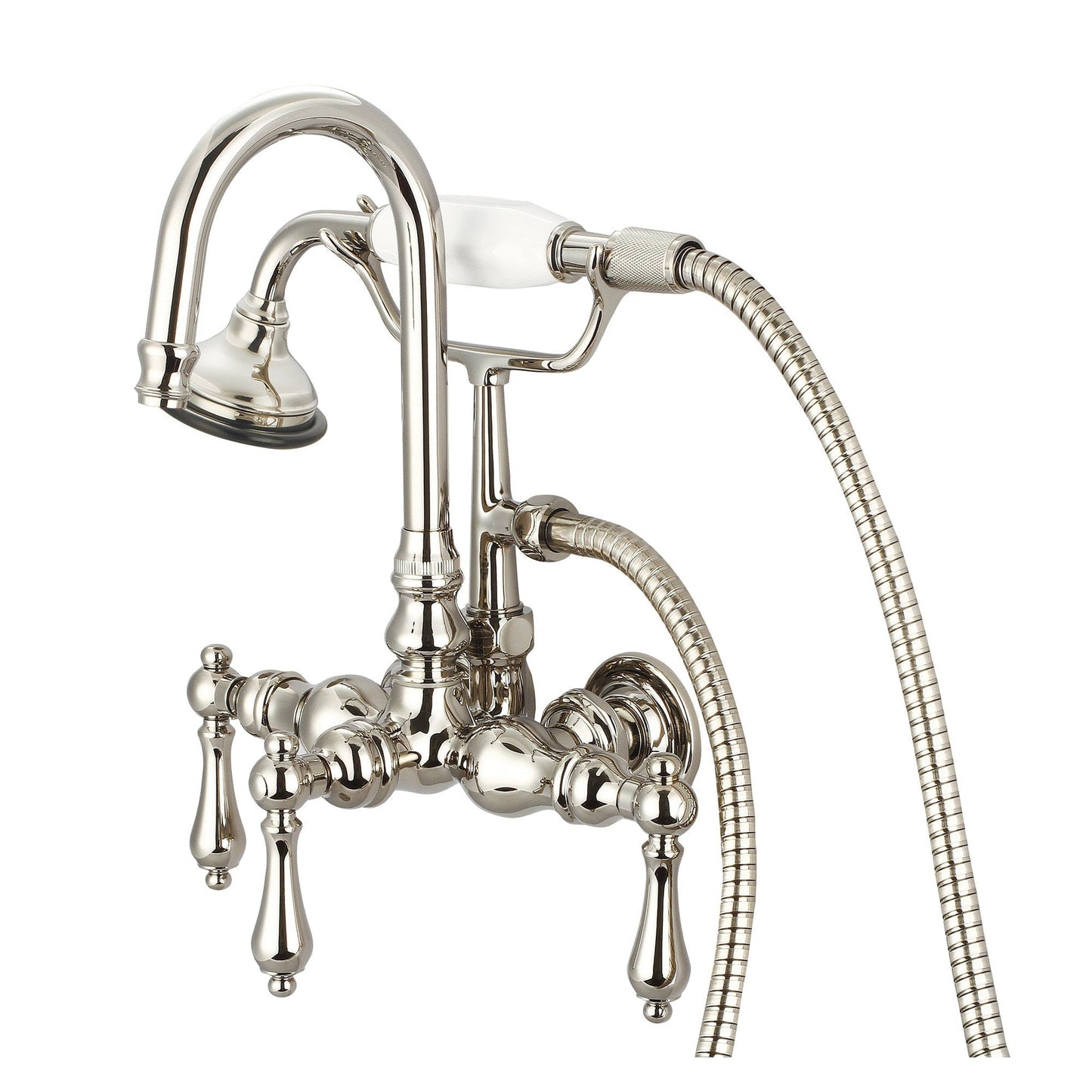 Water Creation Vintage Classic Center Wall Mount Tub F6-0012 9.25" Ivory Solid Brass Faucet With Gooseneck Spout, Straight Wall Connector And Handheld Shower And Metal Lever Handles Without Labels