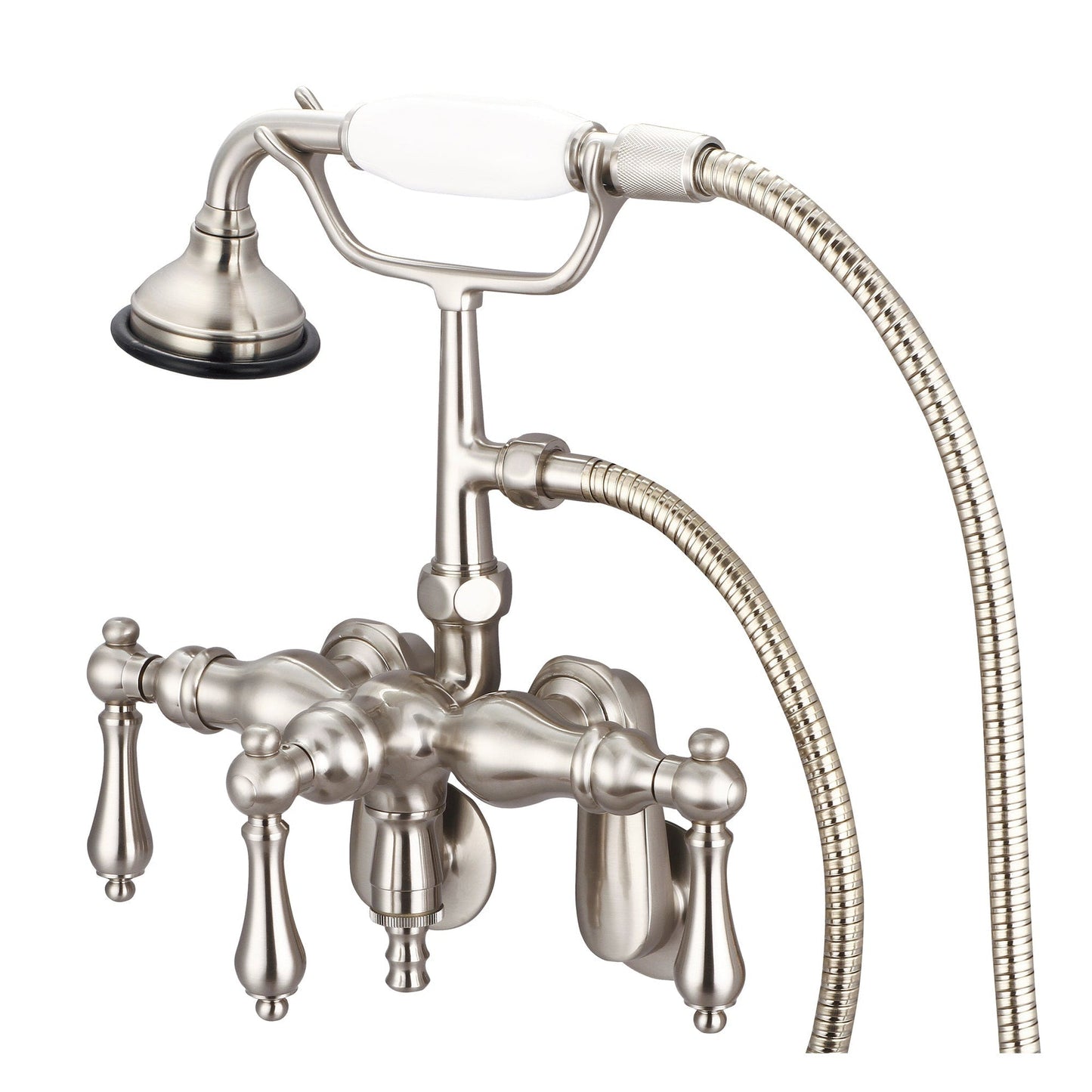 Water Creation Vintage Classic Center Wall Mount Tub F6-0018 9.25" Grey Solid Brass Faucet With Down Spout, Swivel Wall Connector And Handheld Shower And Metal Lever Handles Without Labels