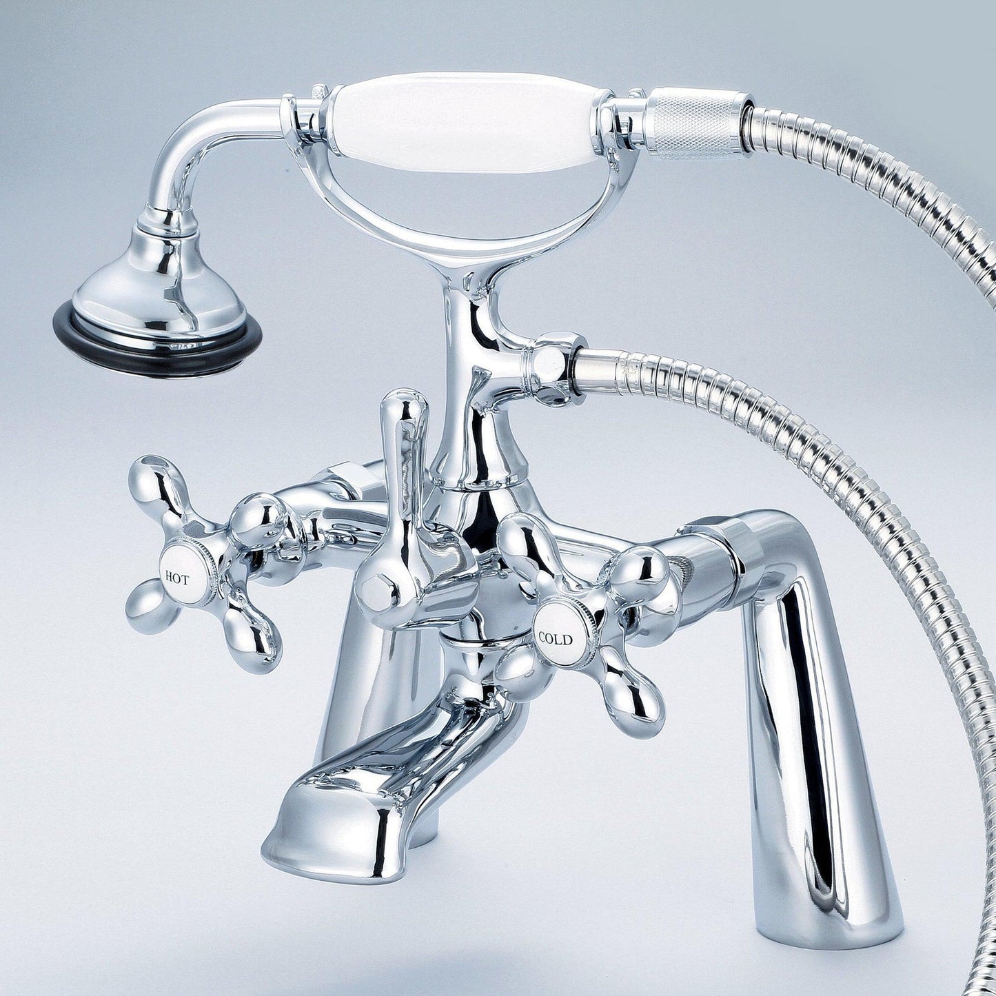 Water Creation Vintage Classic Spread Deck Mount Tub F6-0003 7.5" Silver Solid Brass Faucet With Handheld Shower And Metal Lever Handles, Hot And Cold Labels Included