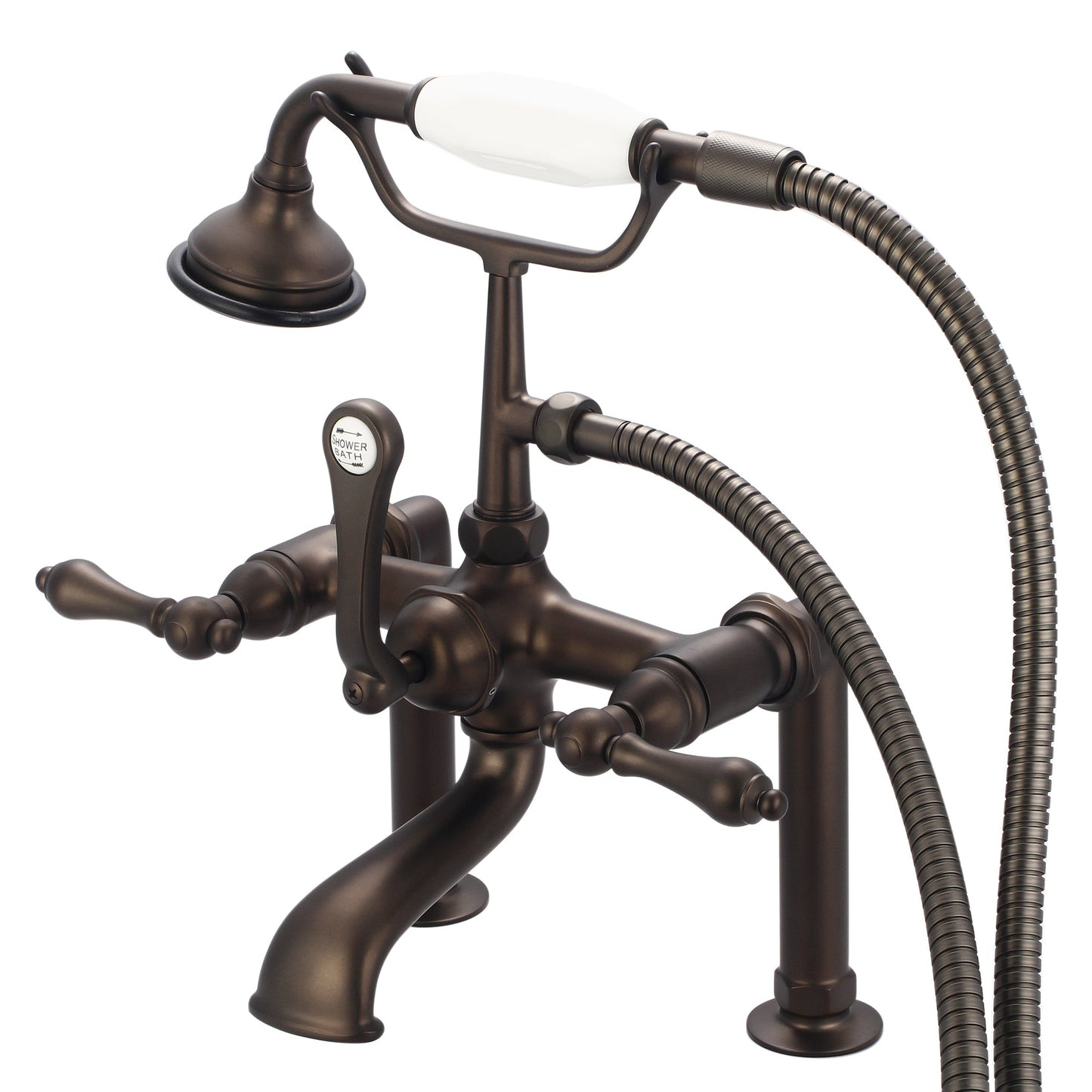 Water Creation Vintage Classic Spread Deck Mount Tub F6-0006 7" Brown Solid Brass Faucet With 6-Inch Risers And Handheld Shower And Metal Lever Handles Without Labels