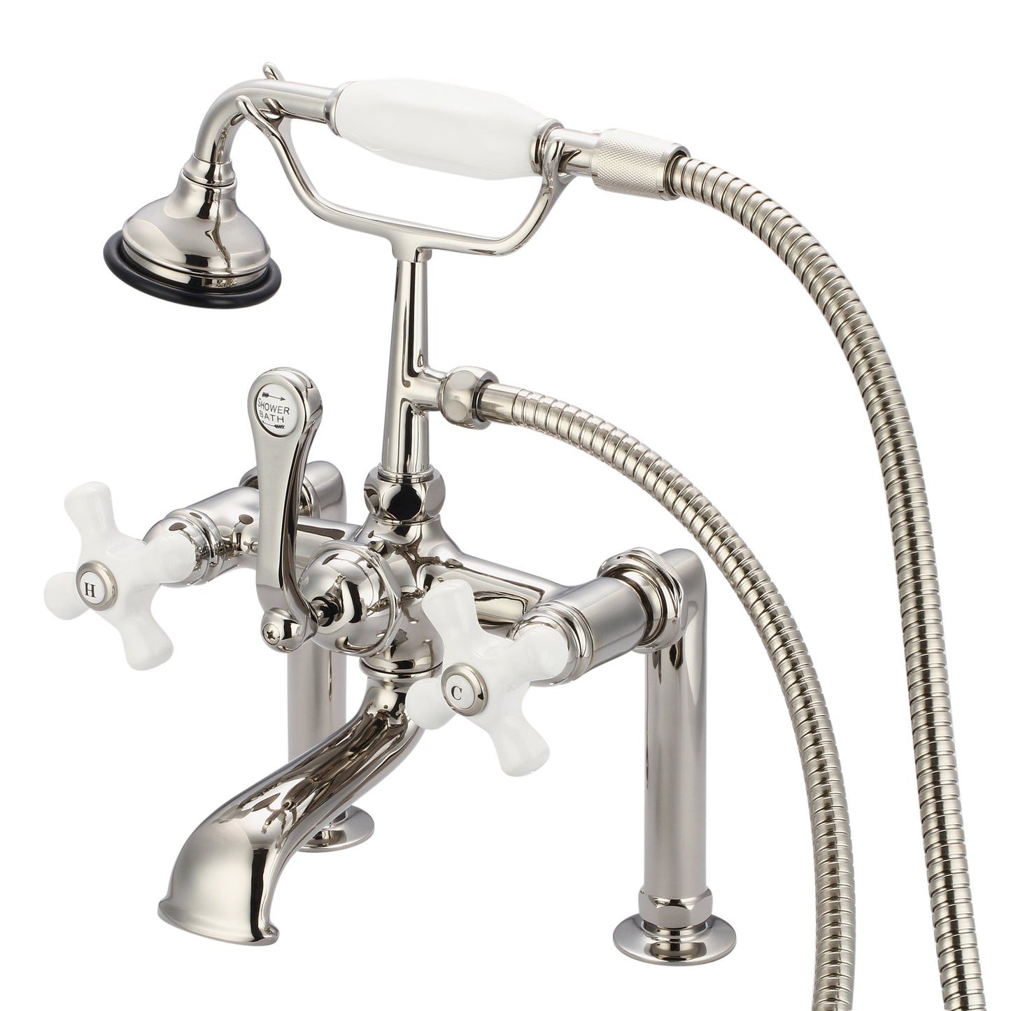Water Creation Vintage Classic Spread Deck Mount Tub F6-0006 7" Ivory Solid Brass Faucet With 6-Inch Risers And Handheld Shower And Porcelain Cross Handles, Hot And Cold Labels Included
