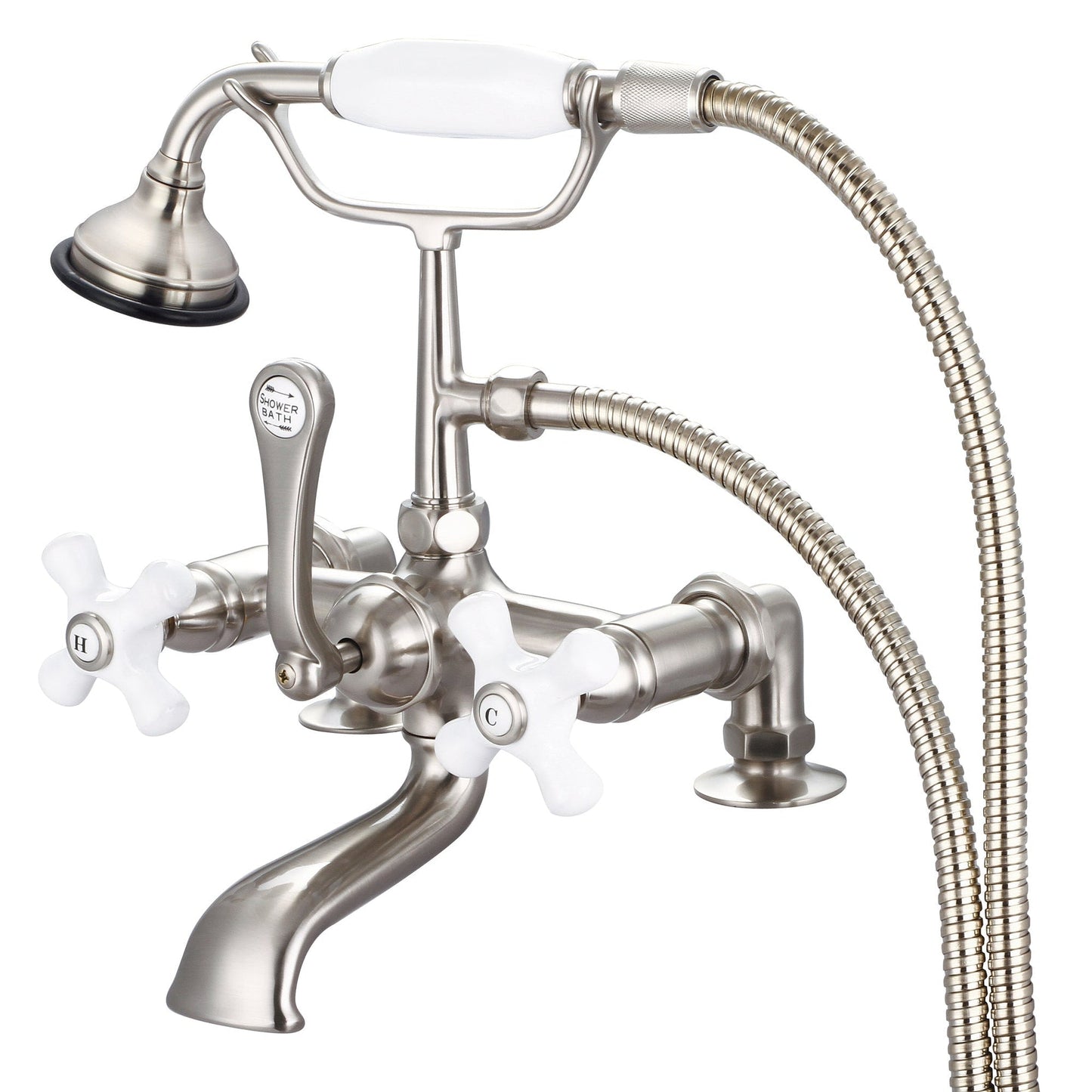 Water Creation Vintage Classic Spread Deck Mount Tub F6-0007 7" Grey Solid Brass Faucet With 2-Inch Risers And Handheld Shower And Porcelain Cross Handles, Hot And Cold Labels Included