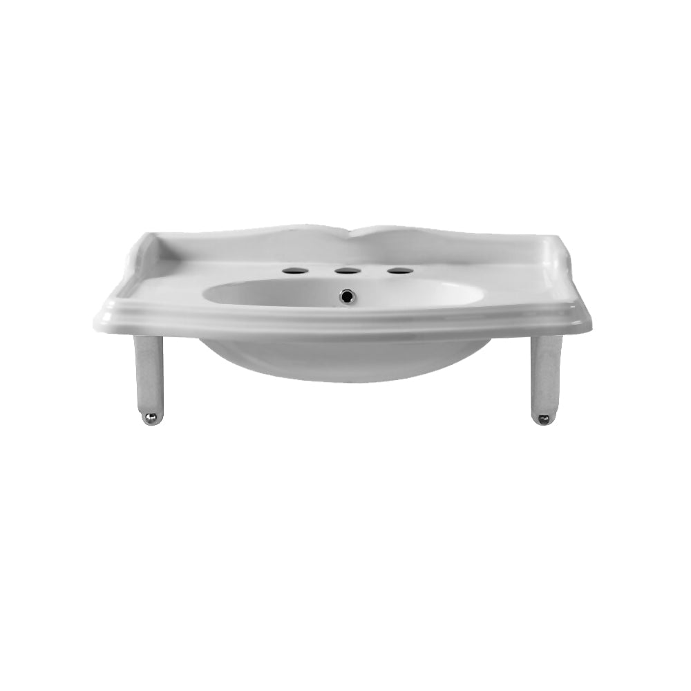 Whitehaus Isabella 40" White Vitreous China 3 Hole Rectangular Wall Mount Basin With Integrated Oval Bowl and Ceramic Shelf Supports