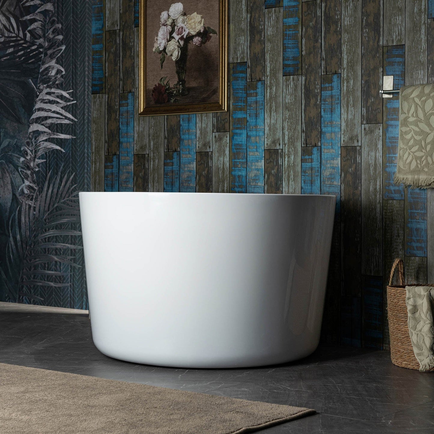 WoodBridge 41" White Acrylic Freestanding Round Contemporary Soaking Tub With Pre-molded Seat, Brushed Gold Pop-up Drain, Overflow, F-0007BGRD Tub Filler and Caddy Tray