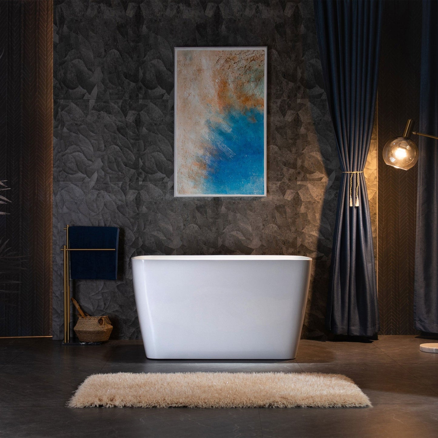 WoodBridge 48" White Acrylic Freestanding Square Contemporary Soaking Tub With Pre-molded Seat and Brushed Gold Pop-up Drain, Overflow, F0026BGVT Tub Filler and Caddy Tray