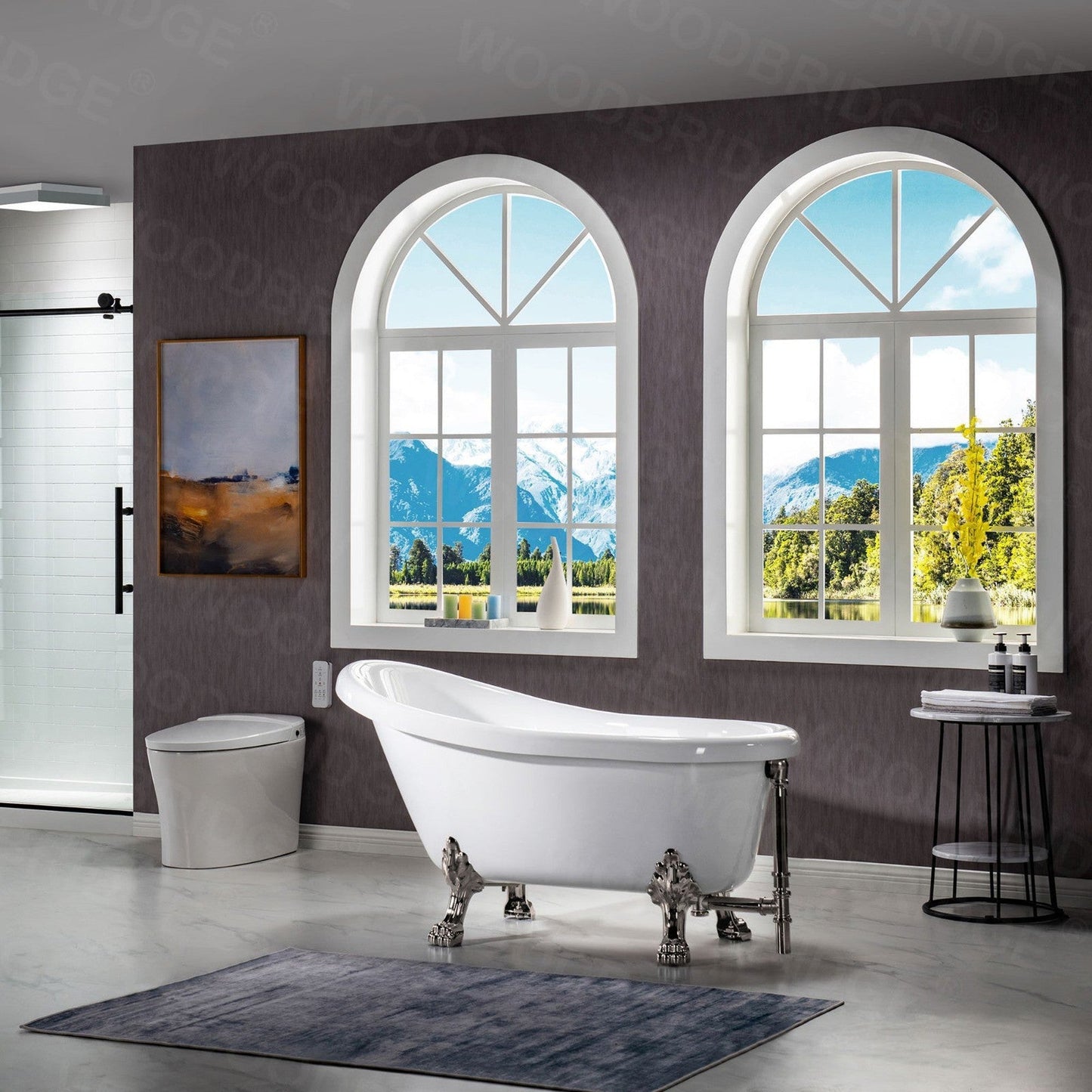 WoodBridge 54" White Acrylic Slipper Clawfoot Bath Tub With Brushed Nickel Feet, Drain, Overflow, F0001BNVT Tub Filler and Caddy Tray