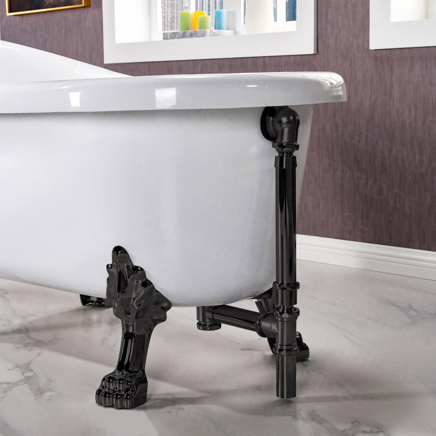 WoodBridge 54" White Acrylic Slipper Clawfoot Bath Tub With Matte Black Feet, Drain, Overflow, F0025MBVT Tub Filler and Caddy Tray