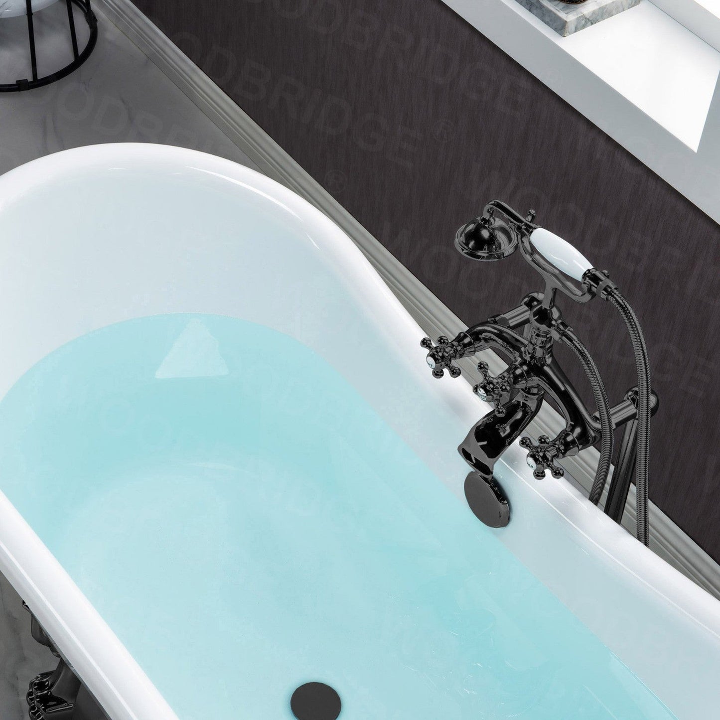 WoodBridge 59" Black Acrylic Double Slipper Clawfoot Bath Tub With Matte Black Feet, Drain, Overflow, F0072MBSQ Tub Filler and Caddy Tray
