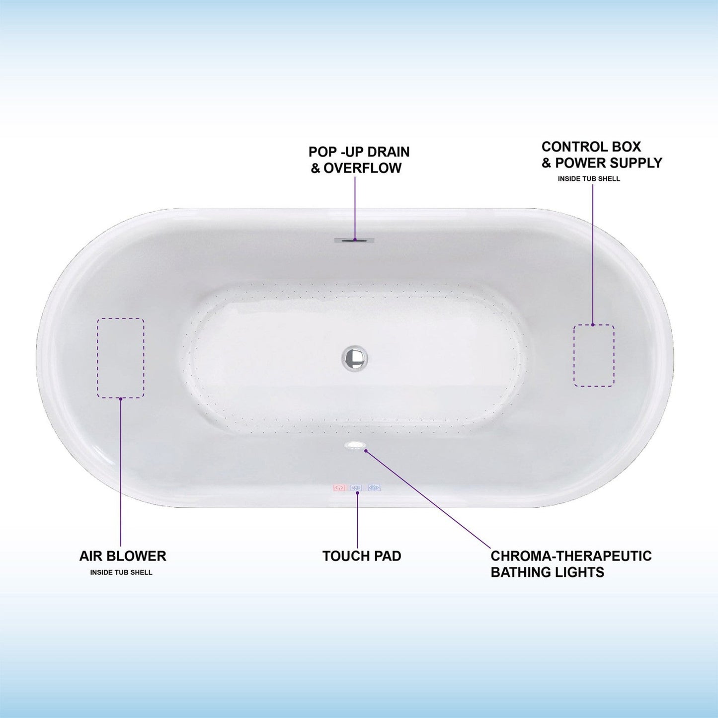 WoodBridge 59" White Acrylic Freestanding Air Bubble Soaking Bathtub With Chrome Overflow and Drain Finish