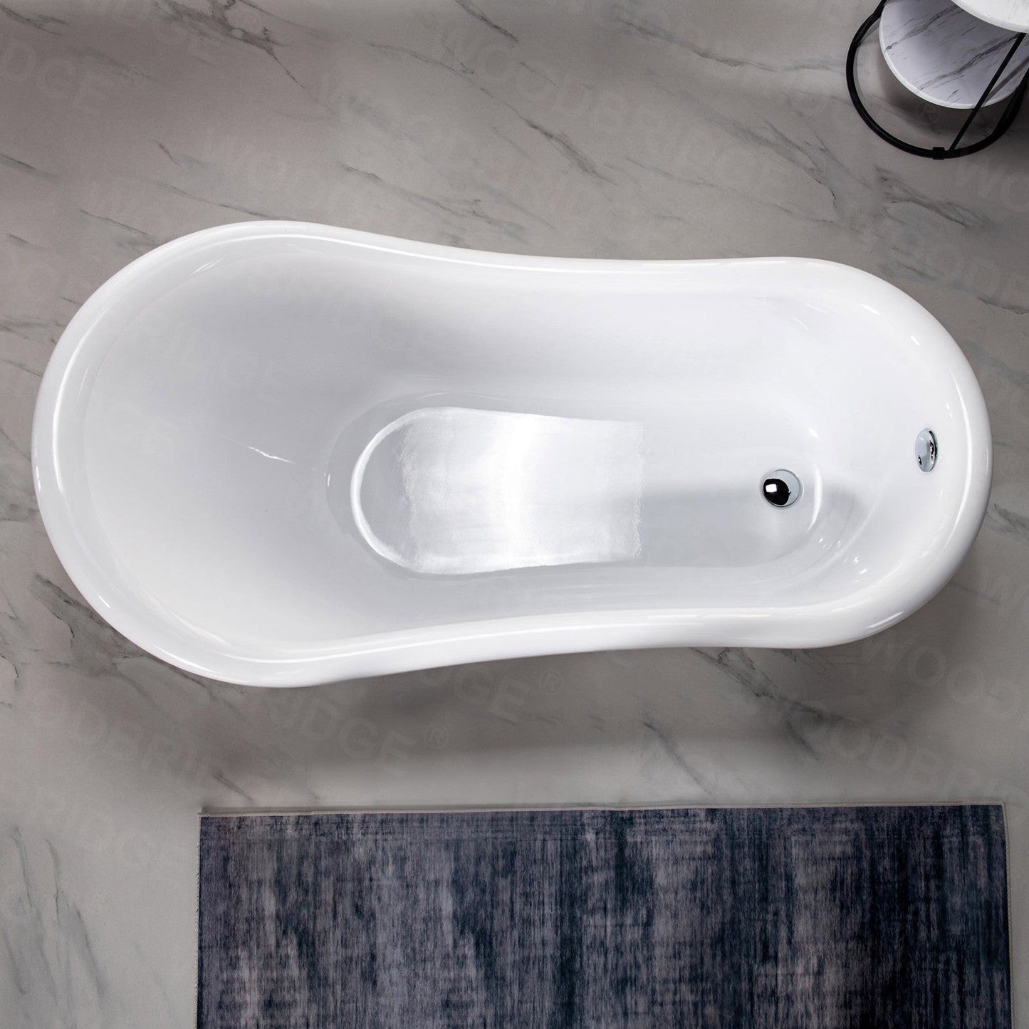 WoodBridge 59" White Acrylic Slipper Clawfoot Bath Tub With Chrome Feet, Drain, Overflow, F0002CHSQ Tub Filler and Caddy Tray