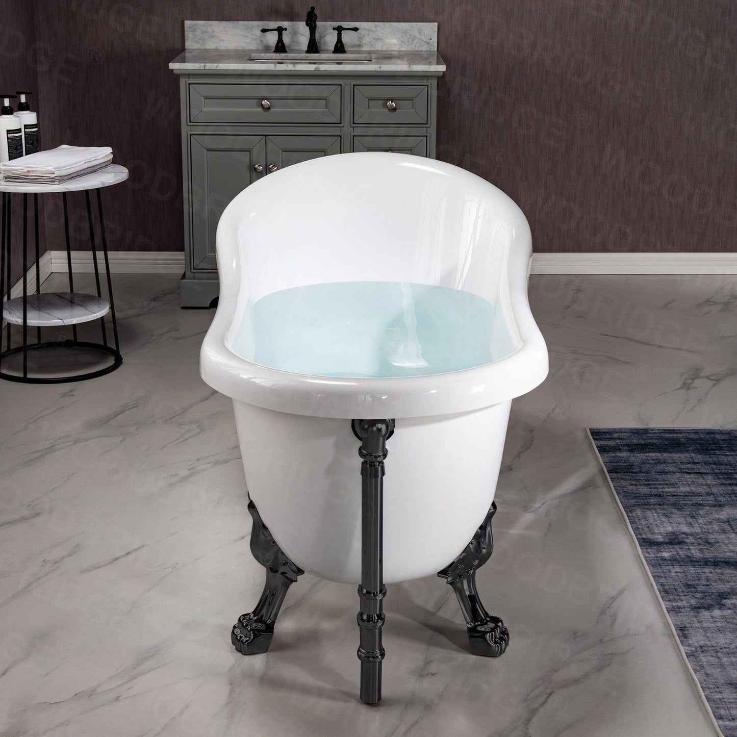 WoodBridge 59" White Acrylic Slipper Clawfoot Bath Tub With Matte Black Feet, Drain, Overflow, F0025MBRD Tub Filler and Caddy Tray