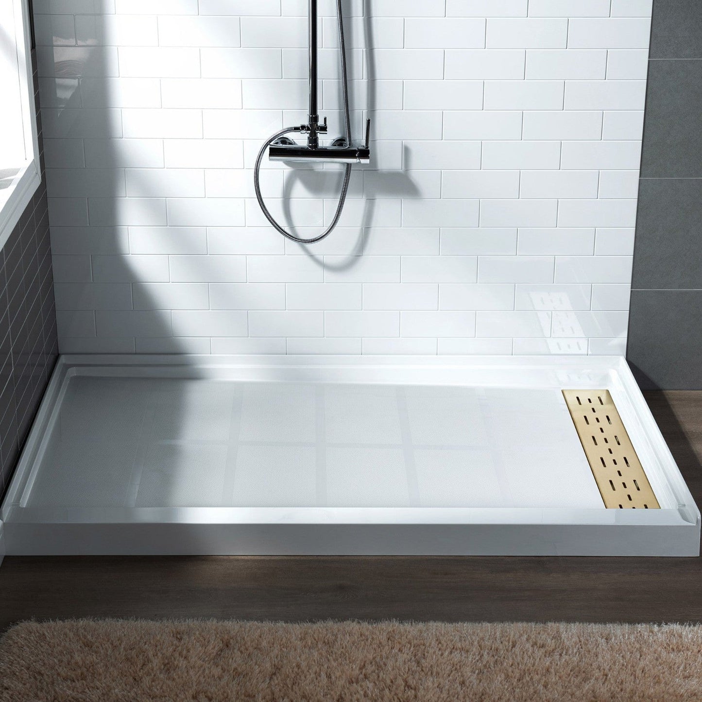 WoodBridge 60" x 34" White Solid Surface Right Drain Location Brushed Gold Trench Cover Shower Base With MBSDC6076-BG Frameless Shower Door and SWP603696-3-SB-M Matte White Vertical Pattern 3-Panel Shower Wall Kit
