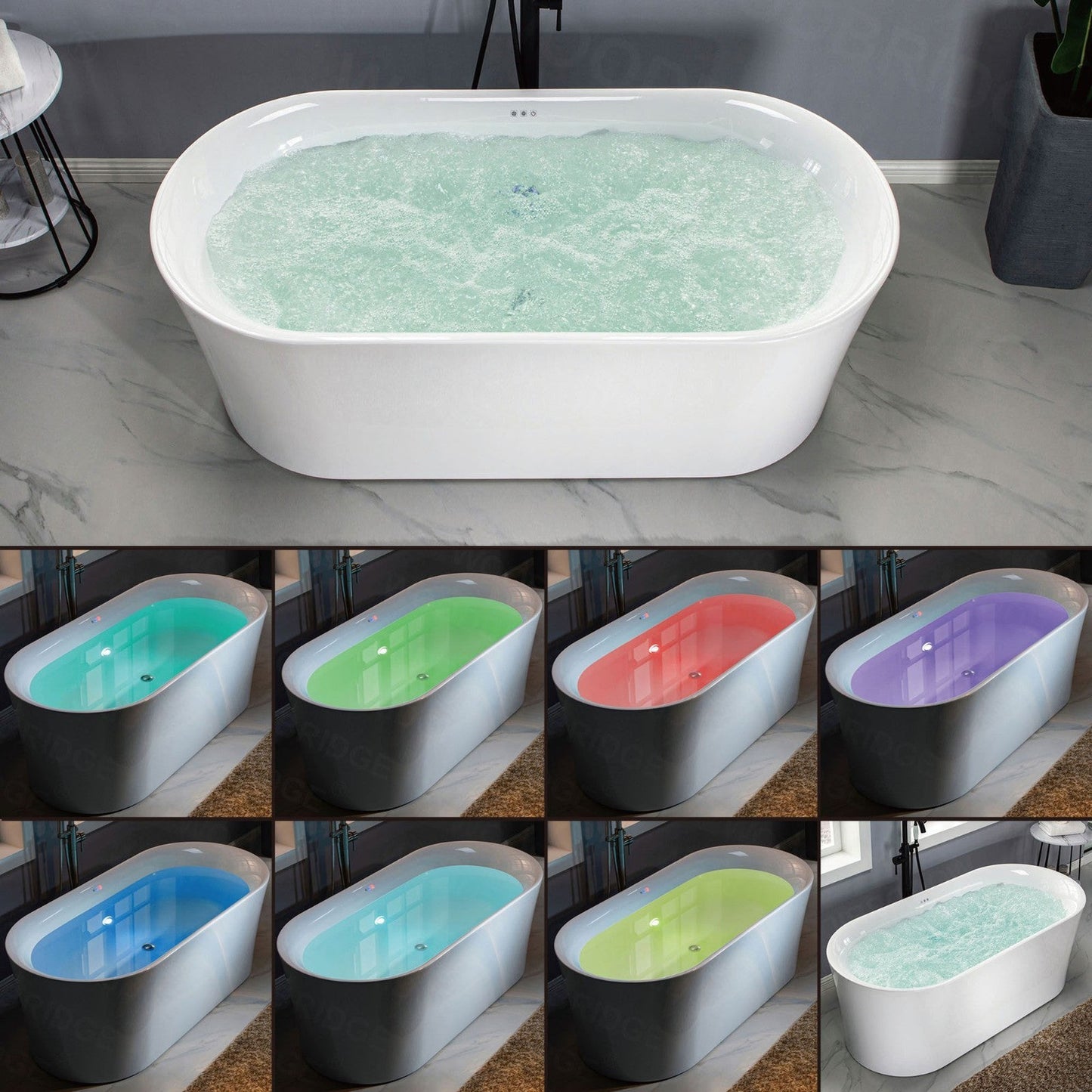 WoodBridge 67" White Acrylic Freestanding Air Bubble Soaking Bathtub With Brushed Nickel Overflow and Drain Finish