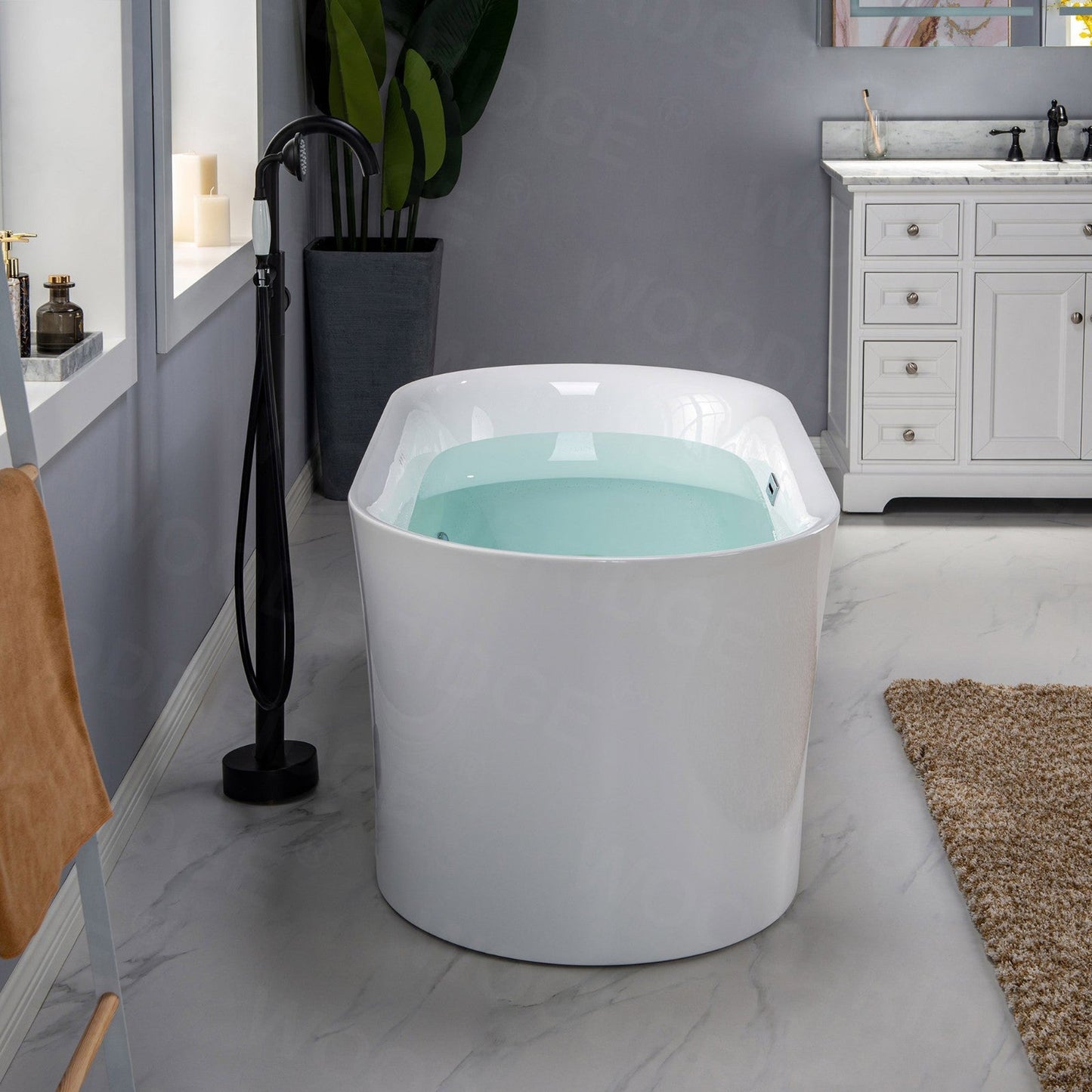 WoodBridge 67" White Acrylic Freestanding Air Bubble Soaking Bathtub With Matte Black Overflow and Drain Finish
