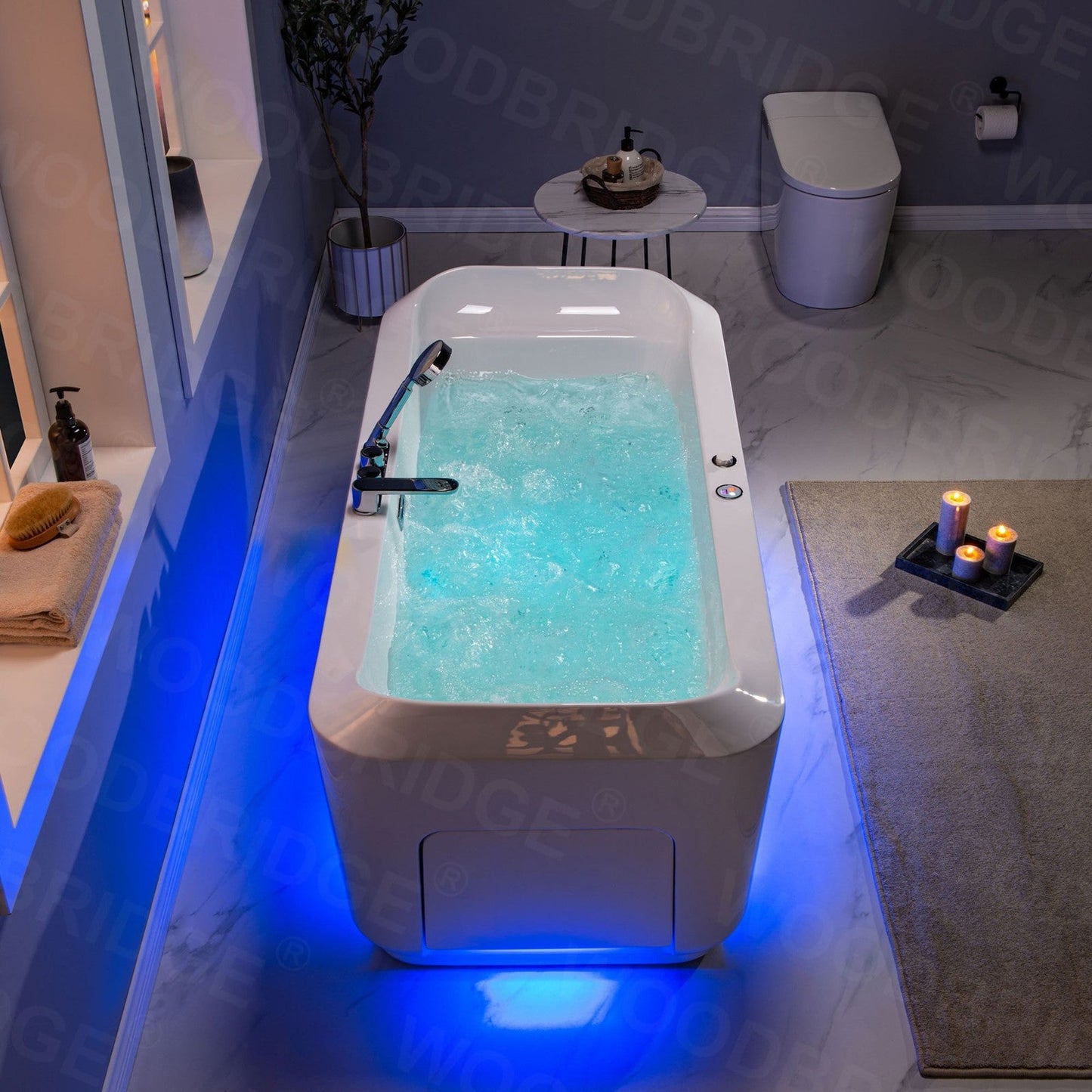 WoodBridge 67" White Acrylic Freestanding Massage Hydrotherapy Bathtub With Inline Heater