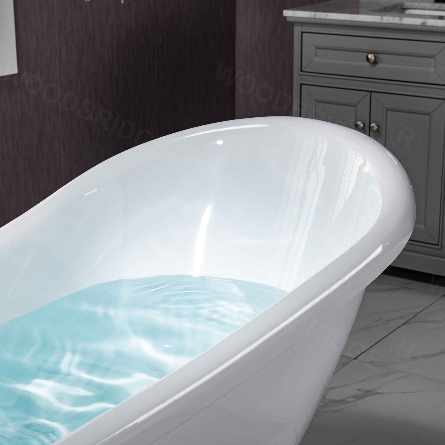 WoodBridge 67" White Acrylic Slipper Clawfoot Bath Tub With Chrome Feet, Drain, Overflow, F-0017CH Tub Filler and Caddy Tray