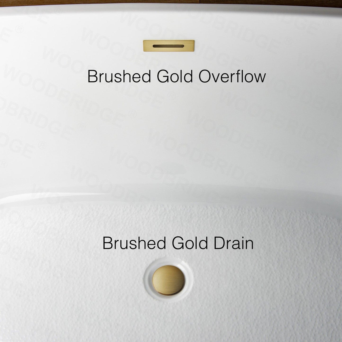 WoodBridge B0029 59" White Acrylic Freestanding Soaking Bathtub With Brushed Gold Drain, Overflow, F-0007BGVT Tub Filler and Caddy Tray