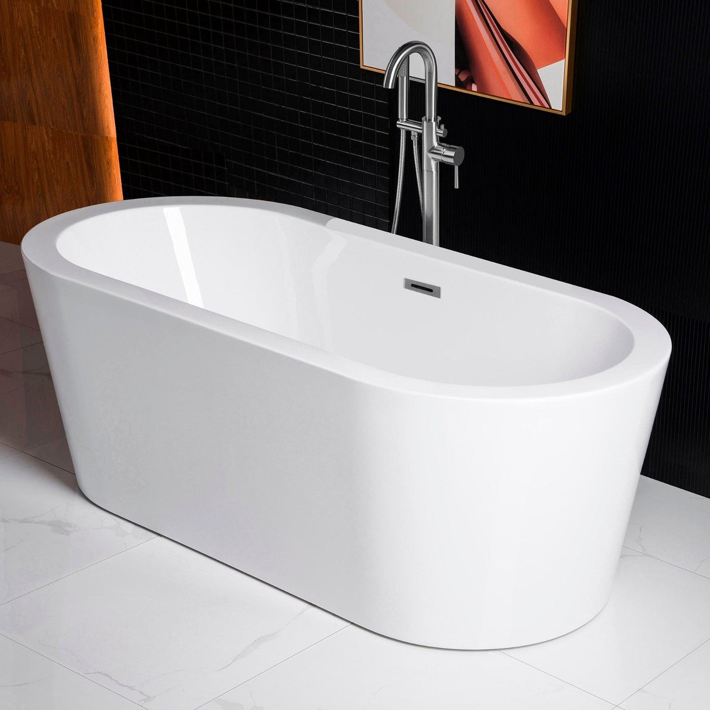 WoodBridge B0045 67" Matte White Luxury Contemporary Solid Surface Freestanding Bathtub With F-0013 Chrome Tub Filler and Caddy Tray
