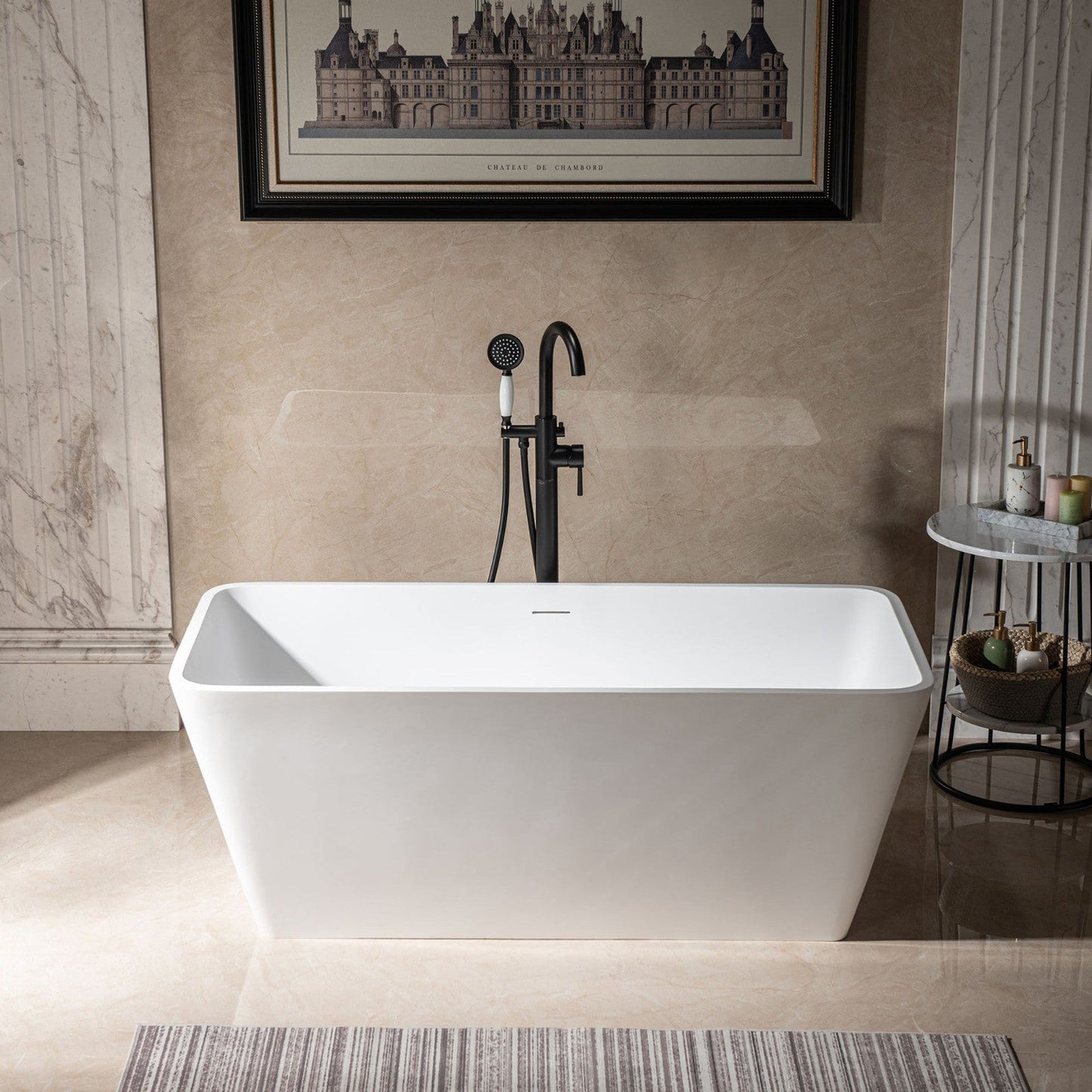 WoodBridge B0046 59" Matte White Luxury Contemporary Solid Surface Freestanding Bathtub With F-0014 Brushed Nickel Tub Filler and Caddy Tray