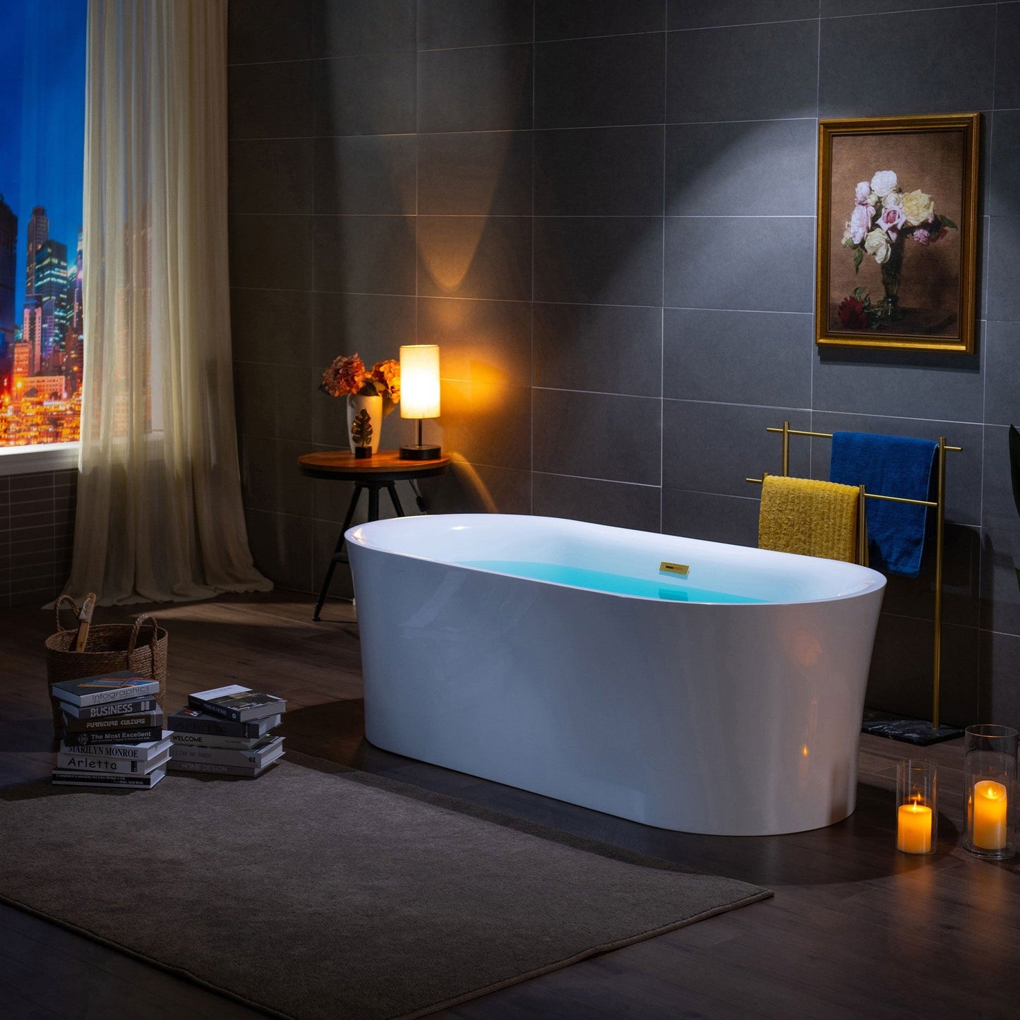 WoodBridge B0057 67" White Acrylic Freestanding Contemporary Soaking Bathtub With Brushed Gold Overflow, Drain, F0026BGVT Tub Filler and Caddy Tray