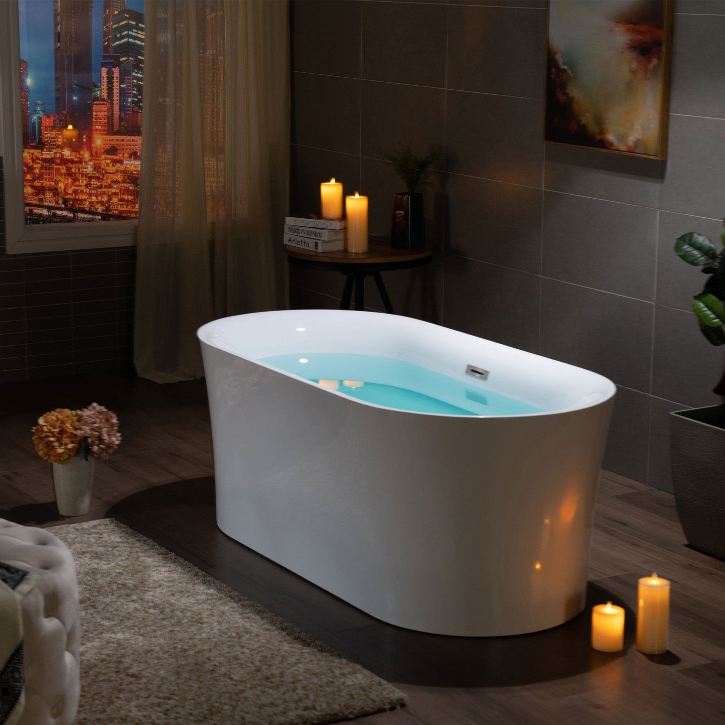 WoodBridge B0058 59" White Acrylic Freestanding Contemporary Soaking Bathtub With Brushed Nickel Overflow, Drain, F0040BN Tub Filler and Caddy Tray