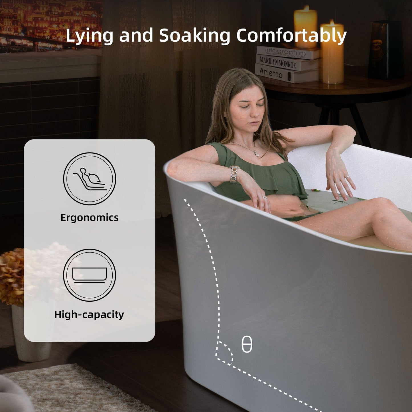 WoodBridge B0058 59" White Acrylic Freestanding Contemporary Soaking Bathtub With Chrome Overflow, Drain, F0024CHVT Tub Filler and Caddy Tray