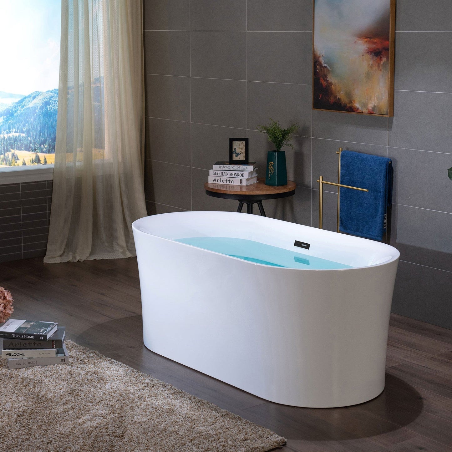 WoodBridge B0058 59" White Acrylic Freestanding Contemporary Soaking Bathtub With Matte Black Overflow, Drain, F0072MBVT Tub Filler and Caddy Tray